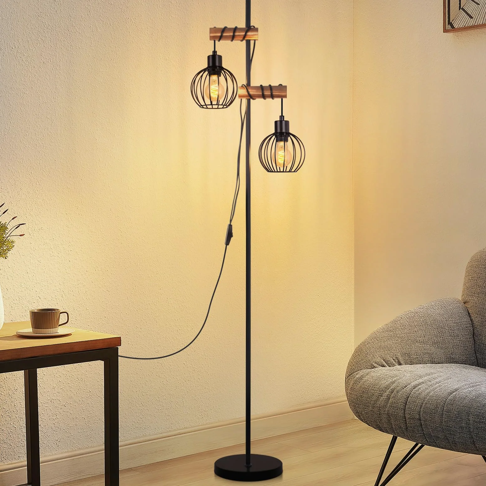ZMH Lampada da terra nera, lampada da terra per soggiorno in legno - lampada da terra vintage a 2 fiamme in design industriale in metallo con interruttore, attacco E27 152 cm (senza lampadina)