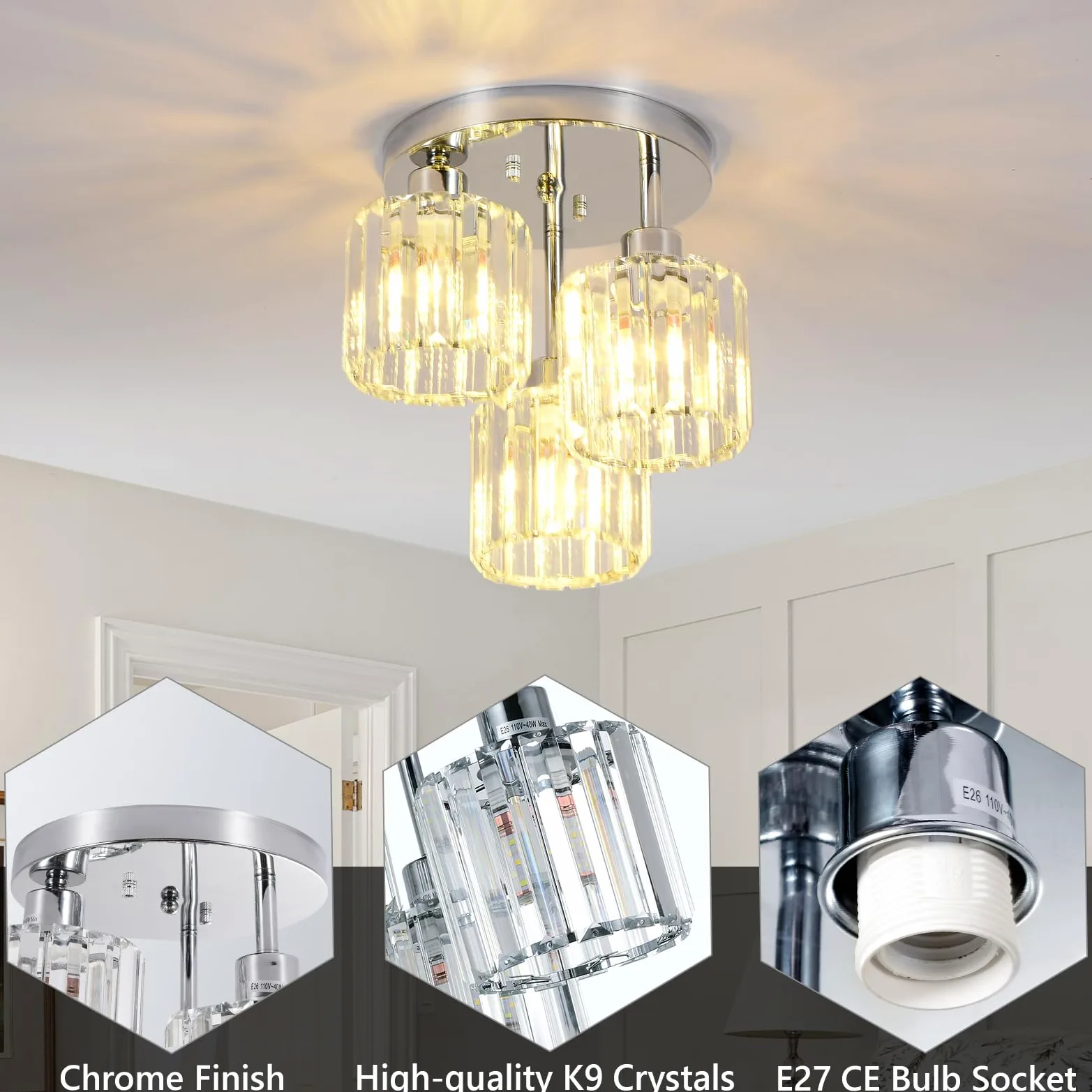 Rayofly Lampadari moderni di cristallo a soffitto, Plafoniera a 3 luci con paralume in vetro, Plafoniera cromata per soggiorno, corridoio, bagno, camera da letto, Lampadario a sospensione per cucina