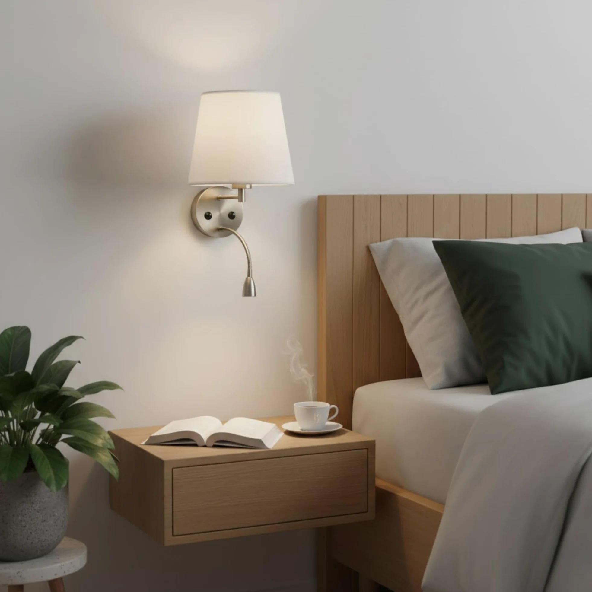 BarcelonaLed - Applique da parete E27 con faretto di lettura orientabile flessibile da 1 W, paralume in tessuto bianco, con 2 interruttore, per camera da letto, testiera del letto, comodino, salotto