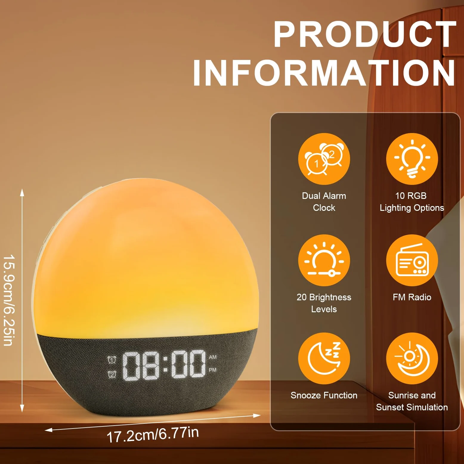 Sunrise alarm clock,Wake Up Light,Luce Sveglia da Comodino,Sveglia alba,Sveglia Simulazione Dell'alba,20 Luminosità,10 Colori,24 Suoni Naturali,Funzione snooze,Radio FM,Per Adulti e Bambini