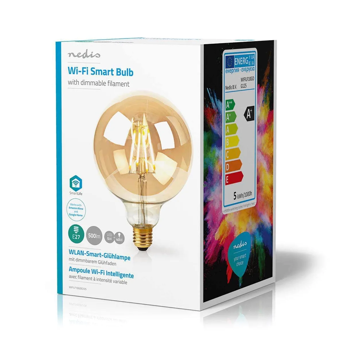 Nedis – Lampadina a filamento Smart WiFi – E27 – 125 mm – 5 W – 500 lm – Controllo app – Facile da configurare – Flusso luminoso nominale: 500 lm – Colore: oro – Materiale: vetro