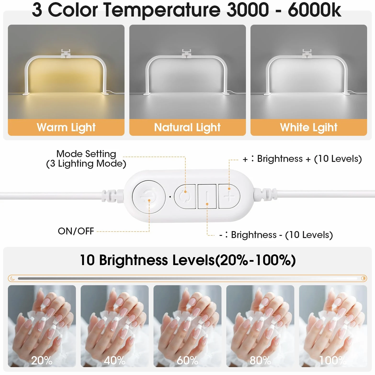 Lampada Mezza Luna Estetica, 72CM 40W Lampada Estetista da Tavolo per Unghie, Lampada Extension Ciglia con Porta Cellulare, Half Moon Light con 3 Modalità 10 Luminosità per Tatuaggi Manicure- Bianco