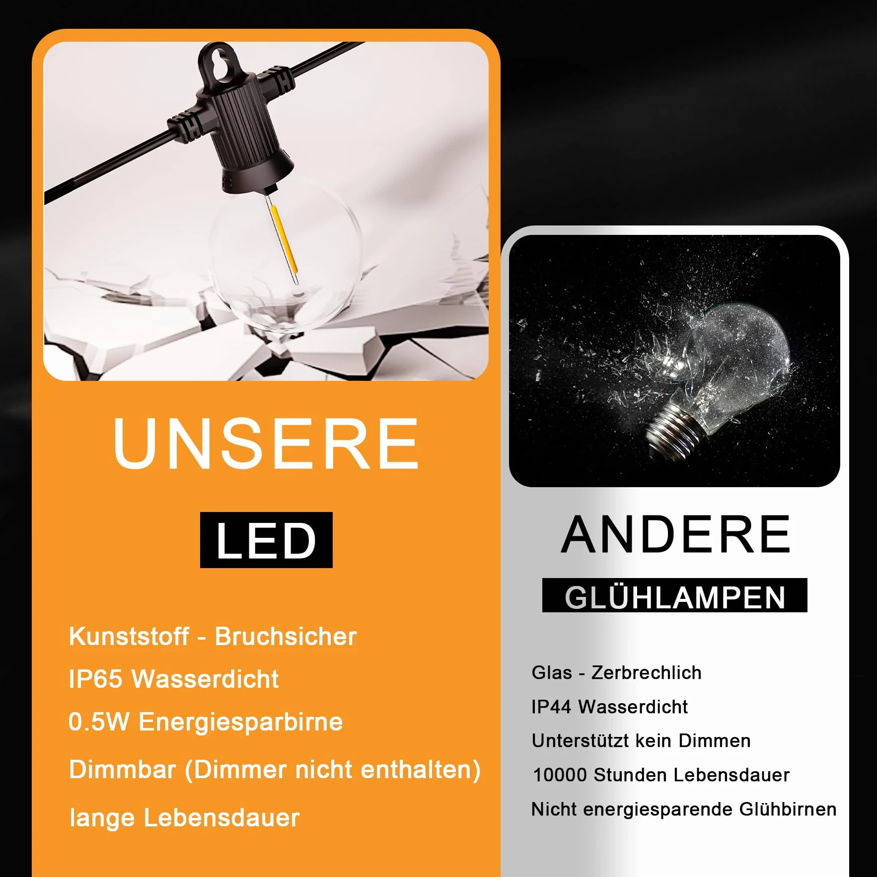Zuske Catena luminosa da 20 m, per esterni, con 30 + 2 lampadine G40, infrangibili, IP65, impermeabile, per giardino, terrazza, matrimoni, feste, bistrò, balcone