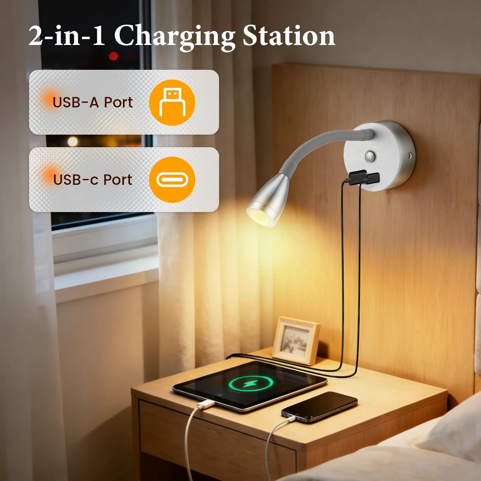 2 Pezzi Lampada da Lettura per Camper con Caricabatterie USB A+C, faretto da Parete a LED da 12 V, Lampada da Parete Flessibile a Collo D'Oca per Camper roulotte Barca Yacht (Argento)