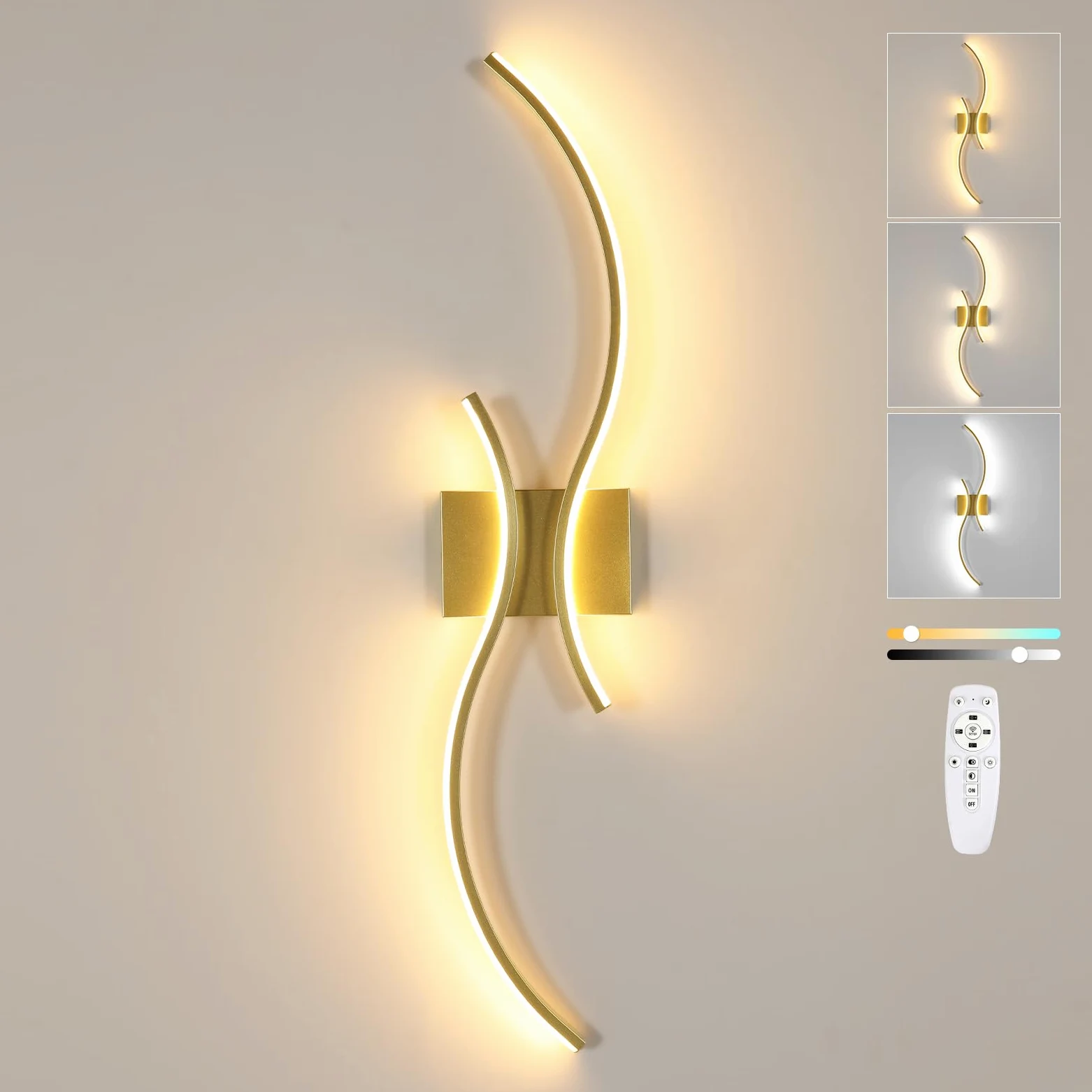 Goeco Applique LED da Parete Interni, 32W 80 CM Luci da Parete Dimmerabile Lunga con Telecomando 3000K-6500K con 2 Luminosi Ondulati per Soggiorno, Camera da Letto, Dorato