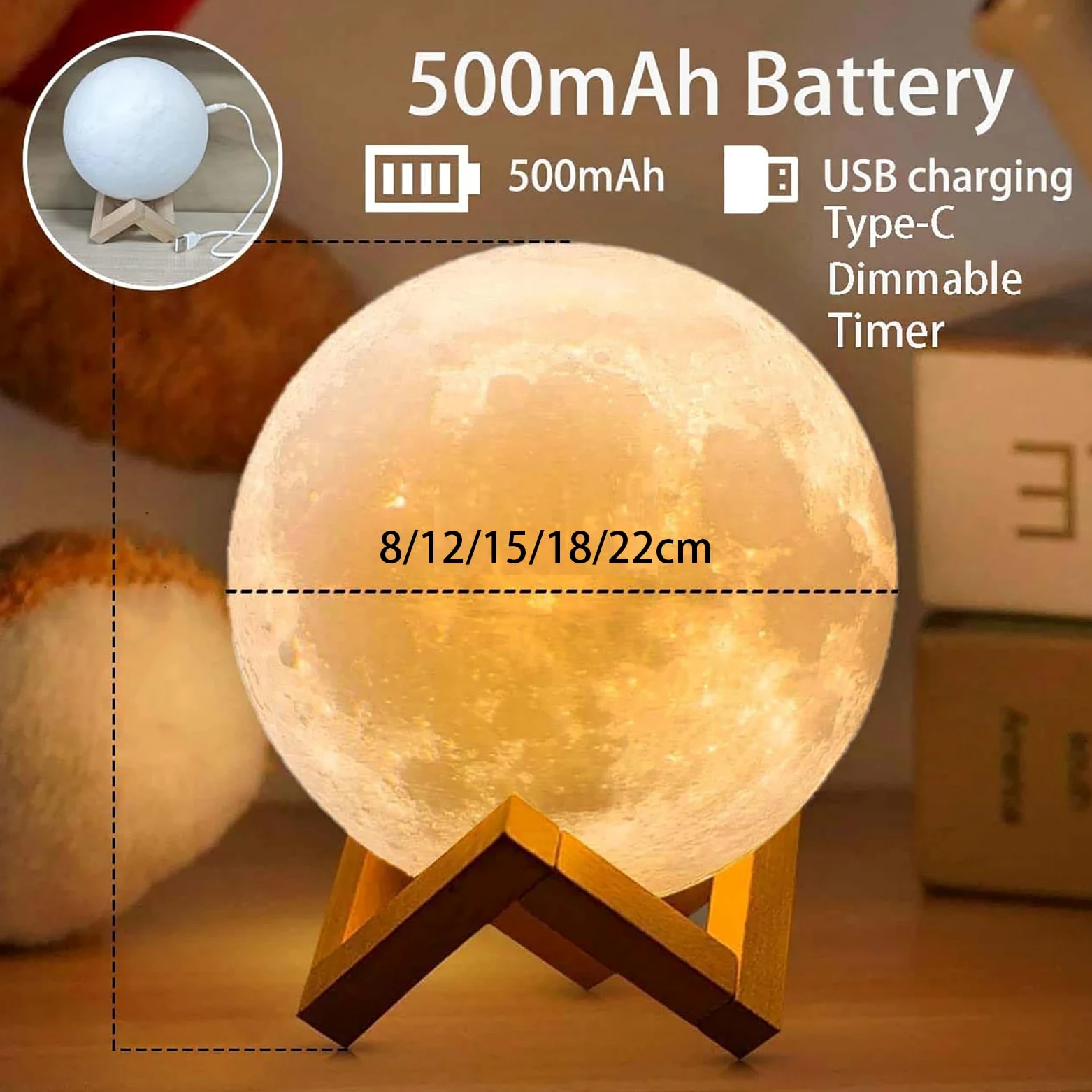 Lampada notturna 3D a forma di luna, con telecomando e controllo touch, ricaricabile tramite USB, funzione di temporizzazione, 16 colori, supporto in legno