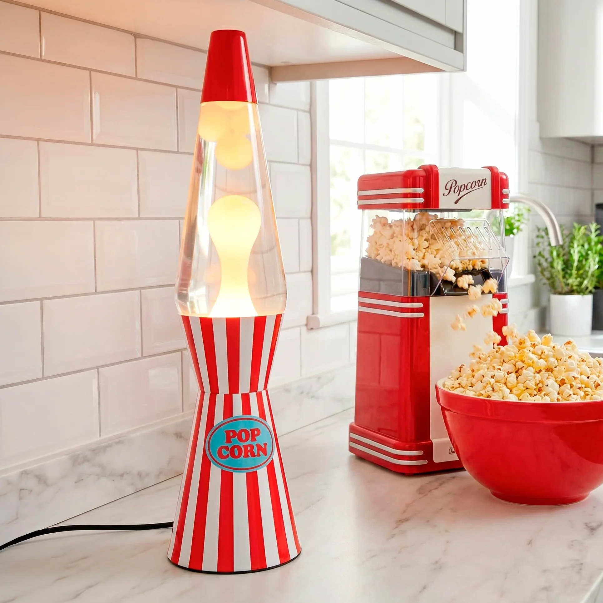 Fisura – Lampe à lave décorative “Pop corn”. Lampe relaxante au design original pour maison ou bureau, base à rayures et lave blanche, ampoule de rechange incluse, 11 x 11 x 40 cm