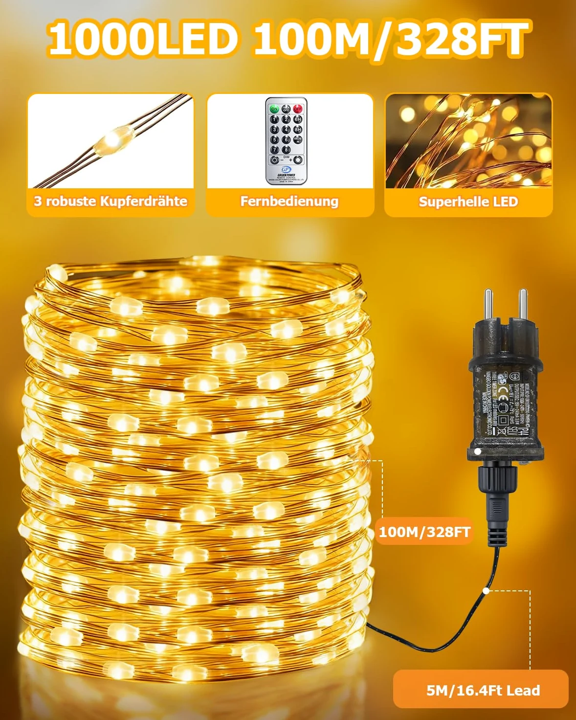 Bzavor Catena luminosa da 100 m, 1000 LED, per interni con spina e funzione memoria, per esterni, corrente in filo di rame con timer 8 modalità, IP65, impermeabile, per Natale, stanza, feste