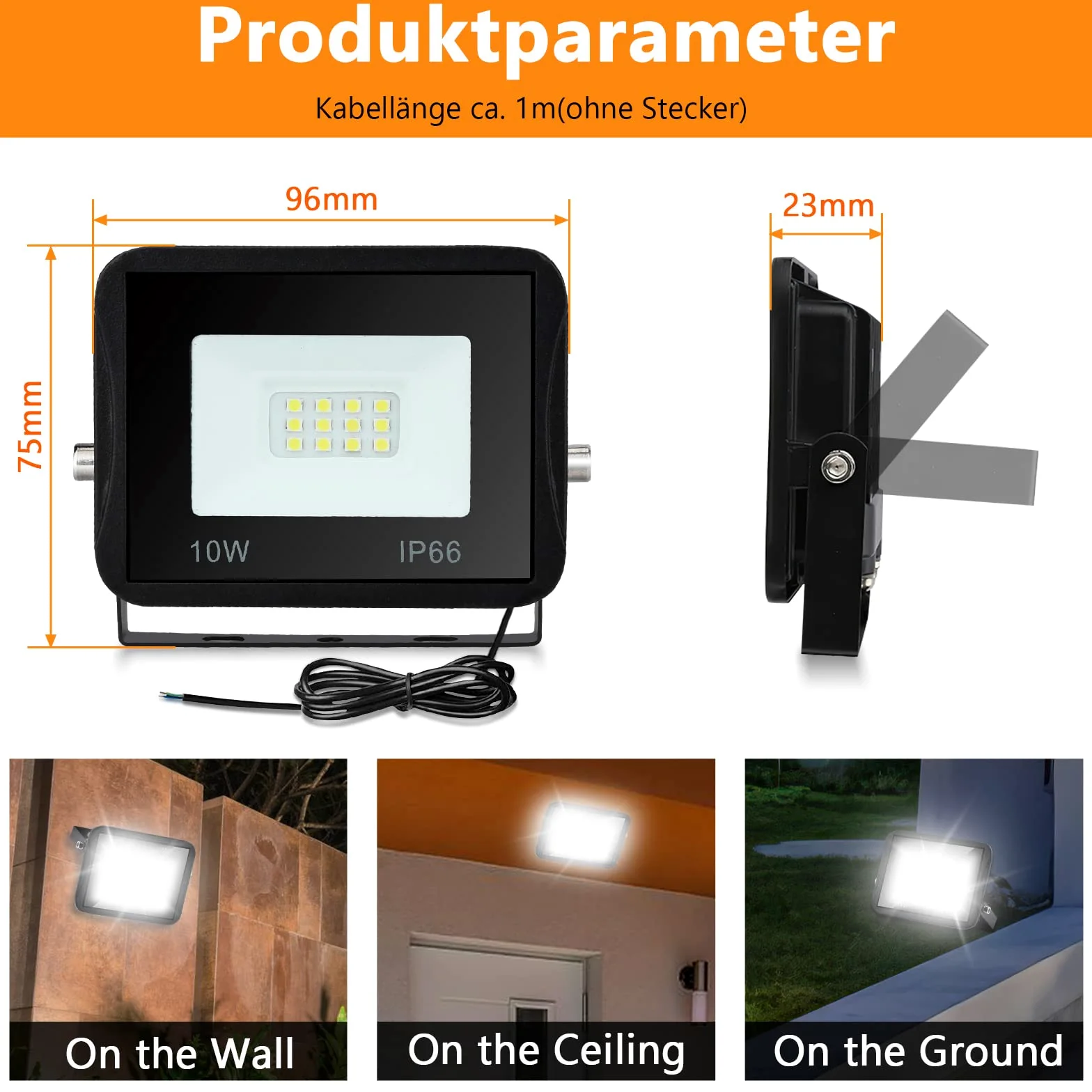 10X Faretto LED da esterno, Proiettore LED da 10W super luminoso 900LM, 3000K Lampada da esterno impermeabile IP66 bianco caldo, per giardino, cortile, porte, garage, corridoio, vialetto