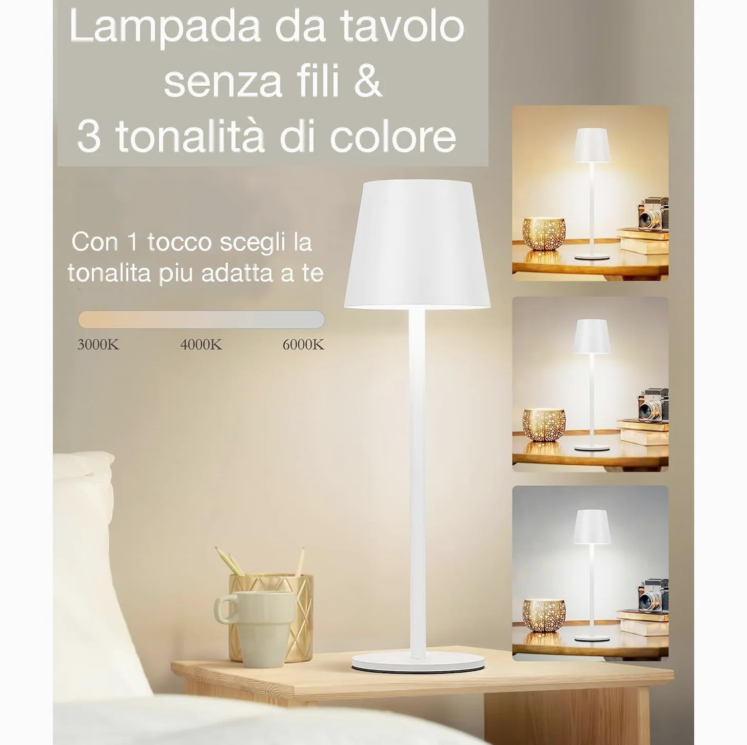 081 Store - 2 PEZZI LAMPADA DA TAVOLO SENZA FILI RICARICABILE BIANCHE, LAMPADA DA TAVOLO LED DIMMERABILE E CON 3 TONALITà DI LUCE, DIMMERABILE 3000-65000K ED IMPERMEABILE IP54