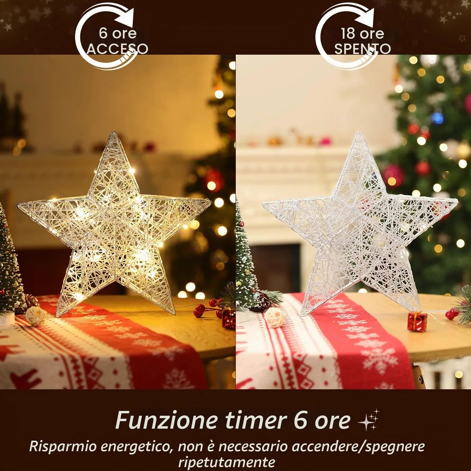 Lewondr Lampada Decorativa a Forma di Stella, Lampada da Scrivania a LED con Luce Calda Decorazione Natalizia per Interni Lampada da Tavolo per Camera da Letto e Soggiorno, Argento