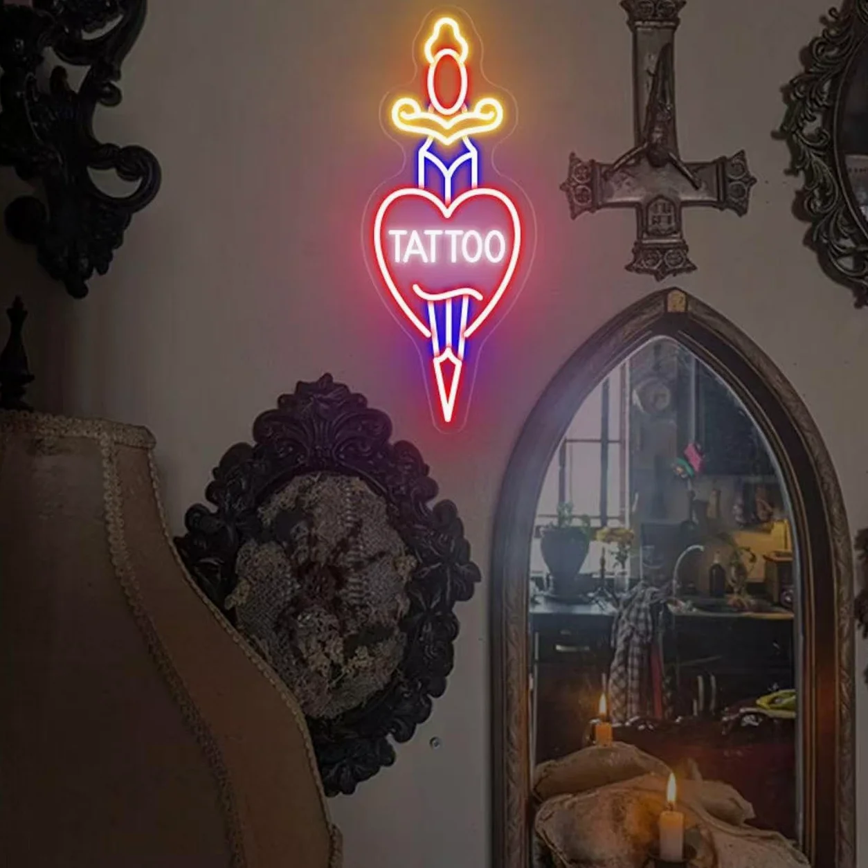 Tattoo - Insegna al neon dimmerabile, per tatuaggi, luci aperte, per salone di bellezza, decorazione da parete per salone di bellezza, per salone di bellezza, per salone, studio, azienda