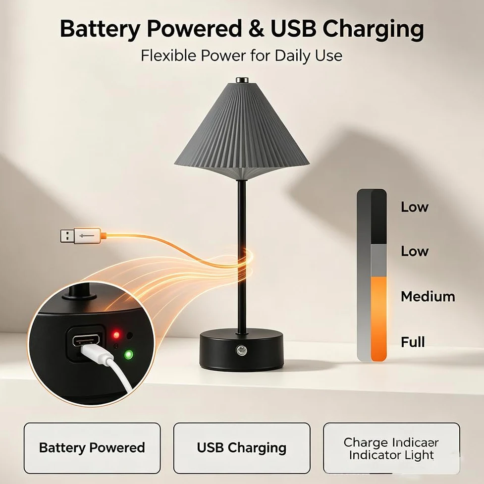 Lampada da Tavolo Touch Control Alimentata a Batteria Ricaricabile in Alluminio Lampada da Comodino Regolabile per Interni Illuminazione da Tavolo a Batteria Ricaricabile Senza Cavi,Grigio
