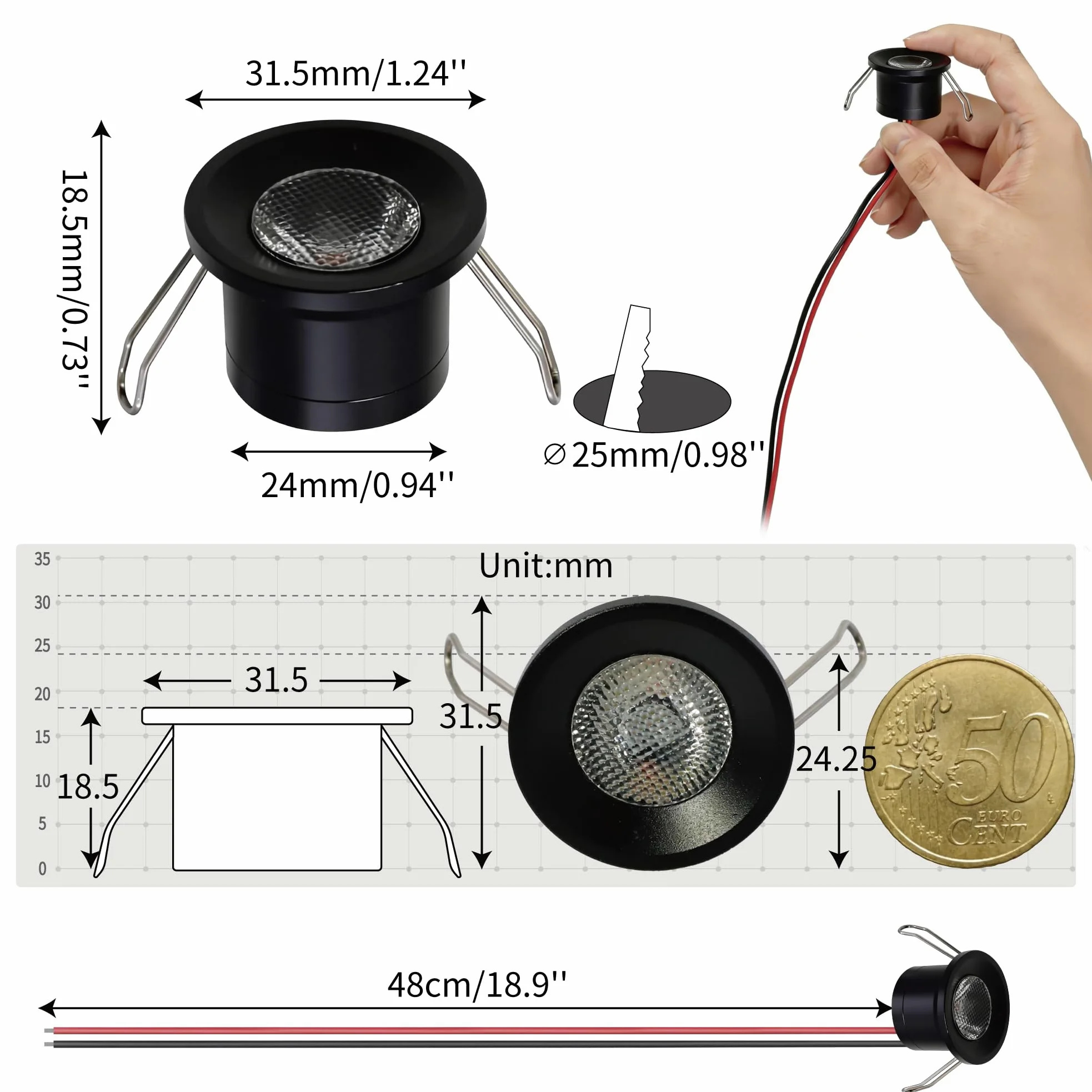 Mini Faretto LED 2W 6pz DC 12V, IP65 Impermeabile Piccolo Faretto da Incasso Soffitto, 25mm Illuminazione Fai-da-Te per Mobili Quadri Pareti Cucina Scale Vetrine Corridoi (Nero Caldo)
