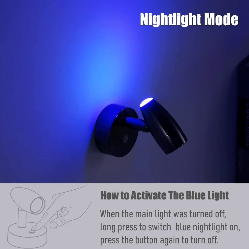 2 x Lampade da Lettura LED 12V Dimmerabile Girevole Spot Camper Barca Lampada da Parete da Comodino, Per Caravan Furgone Van, 12-24V DC con Caricatore USB & Luce notturna blu, Nero lucido