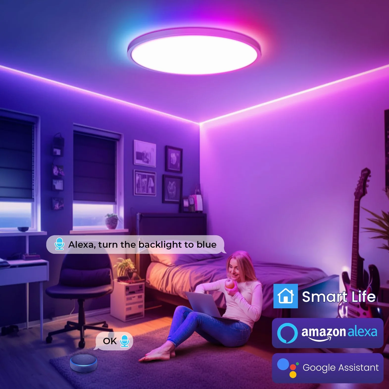 Plafoniera LED Soffitto RGB, Intelligente Lampada LED Soffitto Dimmerabile, Compatibile con Alexa Google Hom, Lampadario con 16 Milioni Colori per Camera da letto, Soggiorno, Bagno, 28W, 2800LM, 30CM