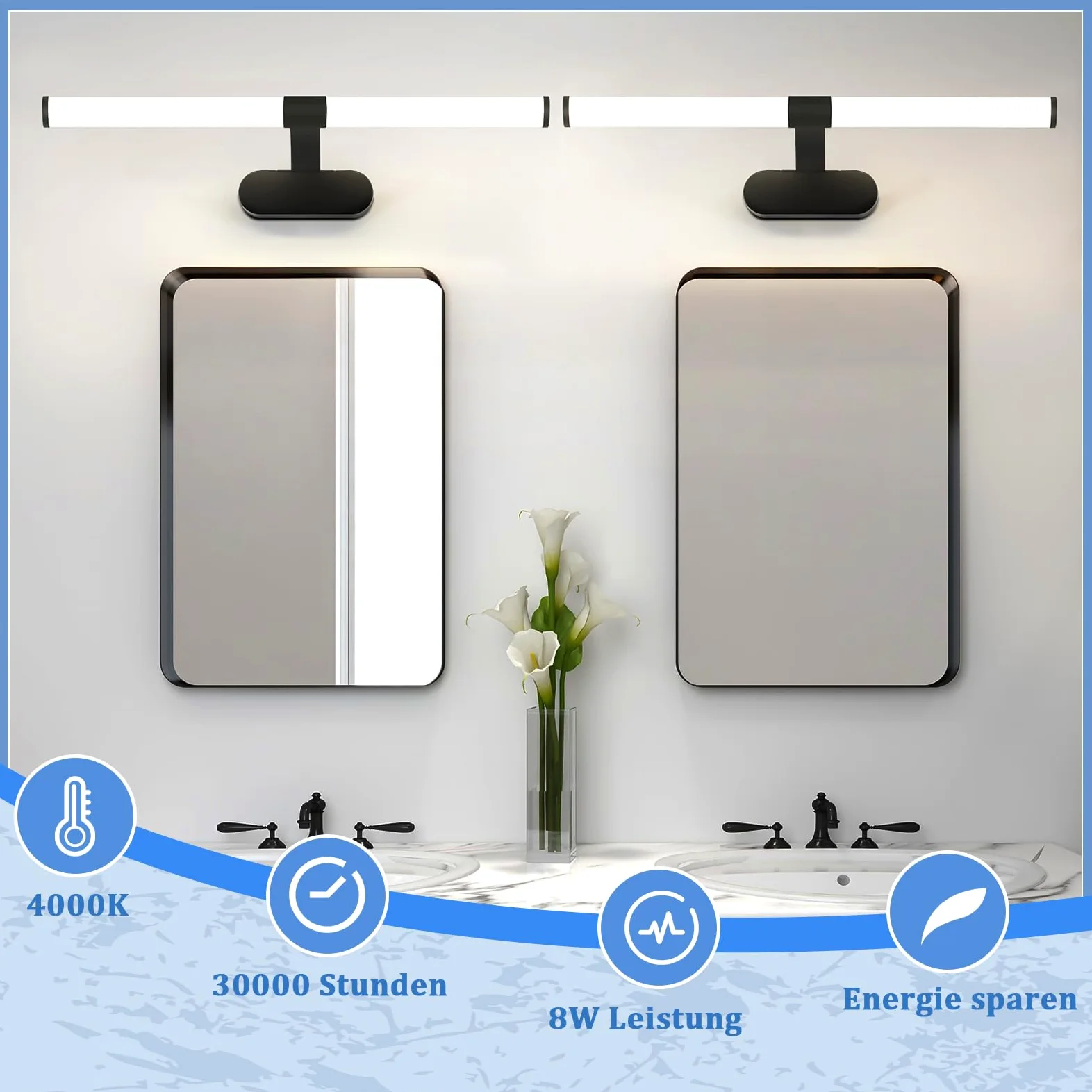 Homefire LED specchio luce bagno lampada nero lampada da parete bagno | 60CM 8W moderno impermeabile IP44 parete luce bianconeutro 4000K per cucina