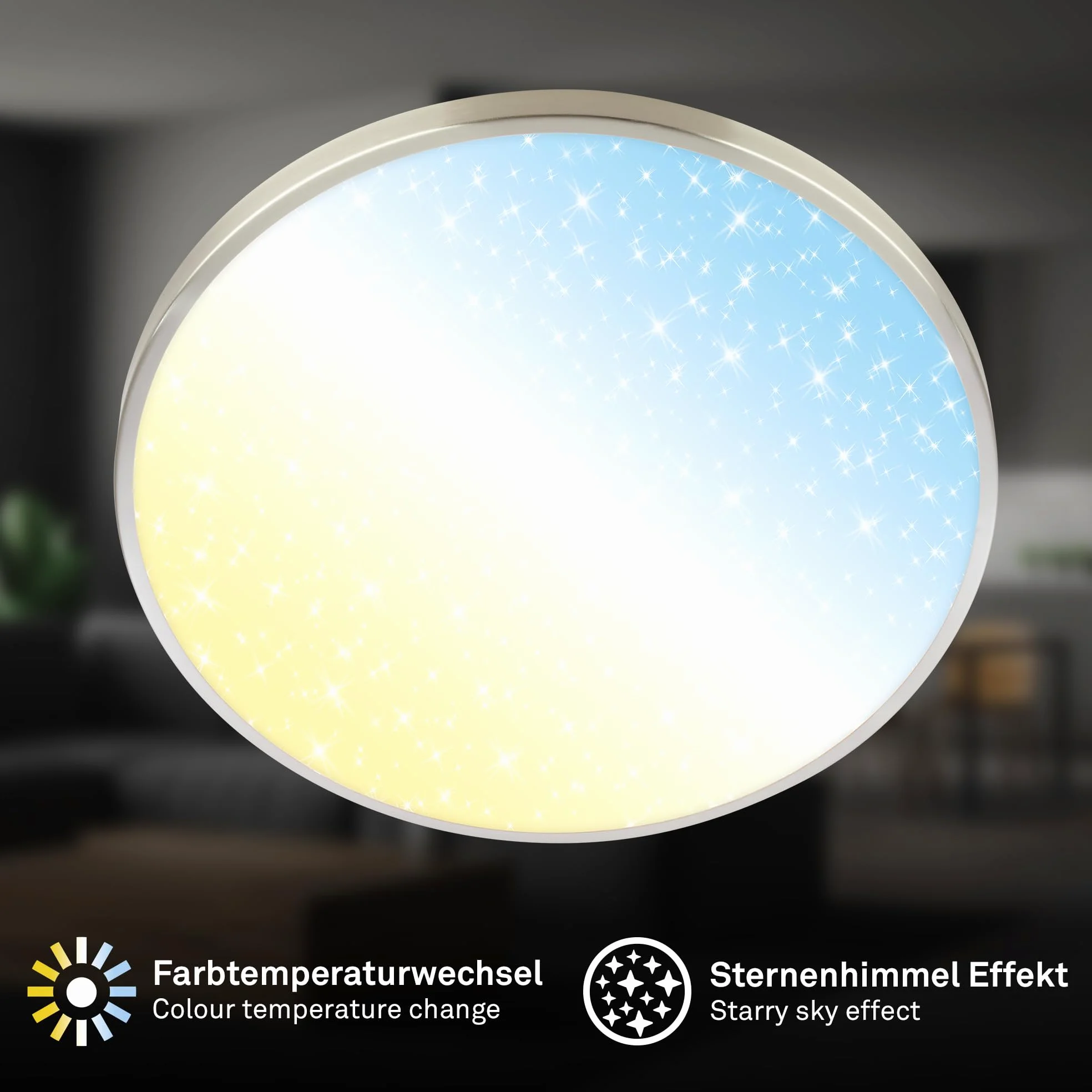 Briloner - Plafoniera LED, dimmerabile, CCT, paralume decorativo, cielo stellato, lampada soffitto, 38 x 6,5 cm, nichel opaco