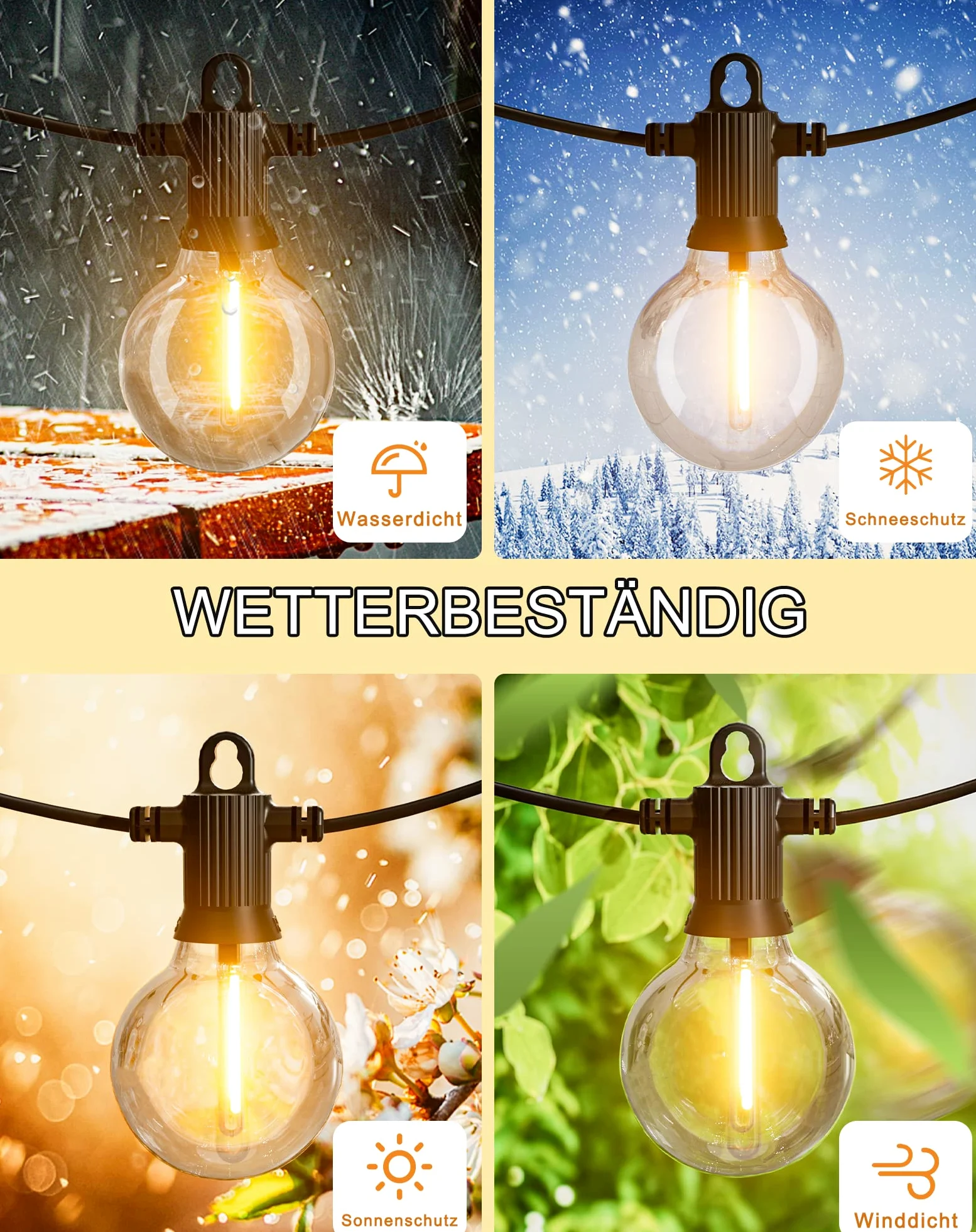 Zuske Catena luminosa da 20 m, per esterni, con 30 + 2 lampadine G40, infrangibili, IP65, impermeabile, per giardino, terrazza, matrimoni, feste, bistrò, balcone