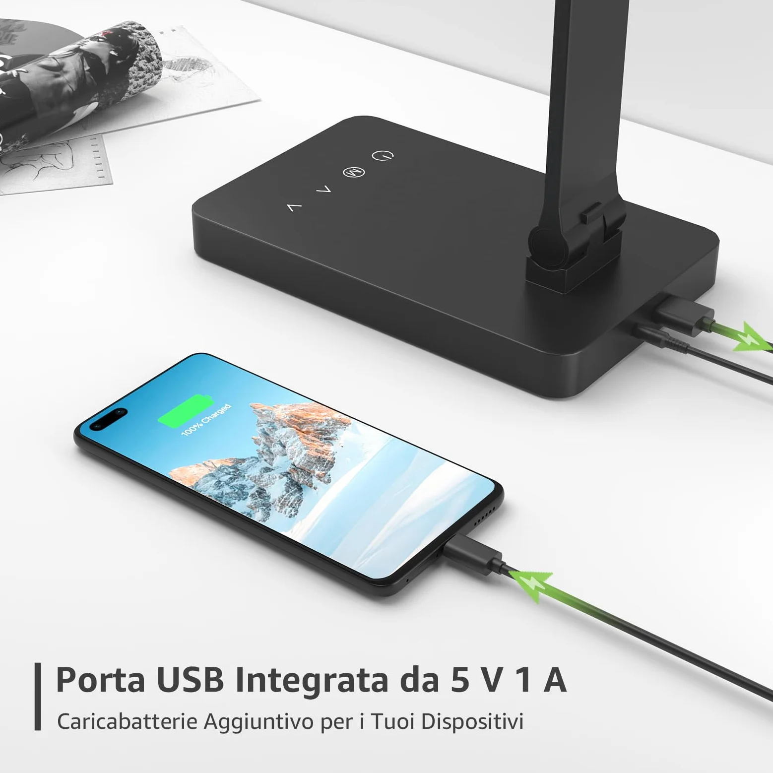 Lepro Lampada da Tavolo LED 15W, Lampada da Scrivania USB Ricaricabile, 3 Colori e 5 Livelli di Luminosità, Dimmerabile, Luce da Lettura Protezione degli Occhi per Ufficio, Camera, Nero