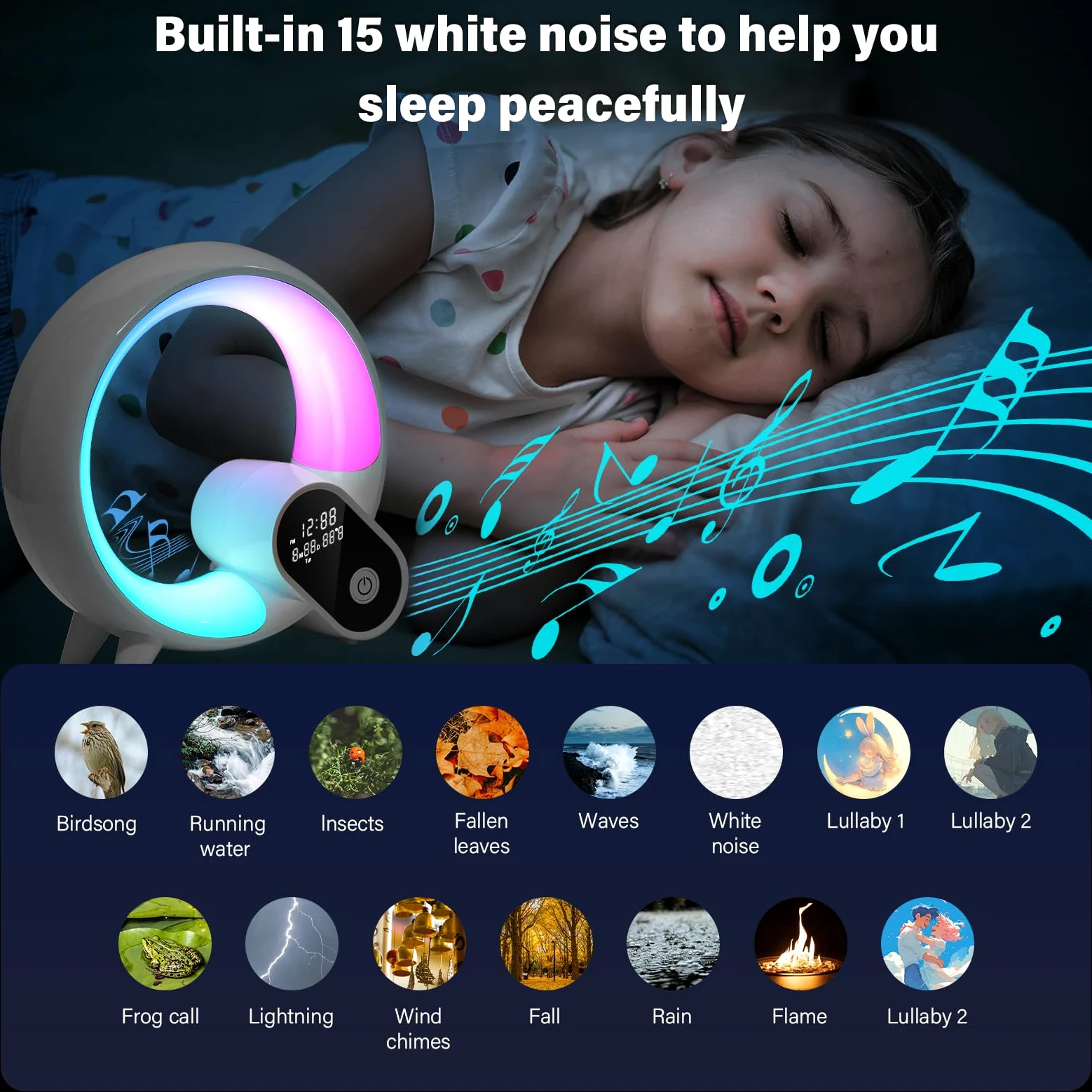 Sunrise Sveglia con luce sveglia – Smart Lights Sound Machine con controllo app, Bluetooth, ora, temperatura, visualizzazione della data, musica sonno atmosfera lampada