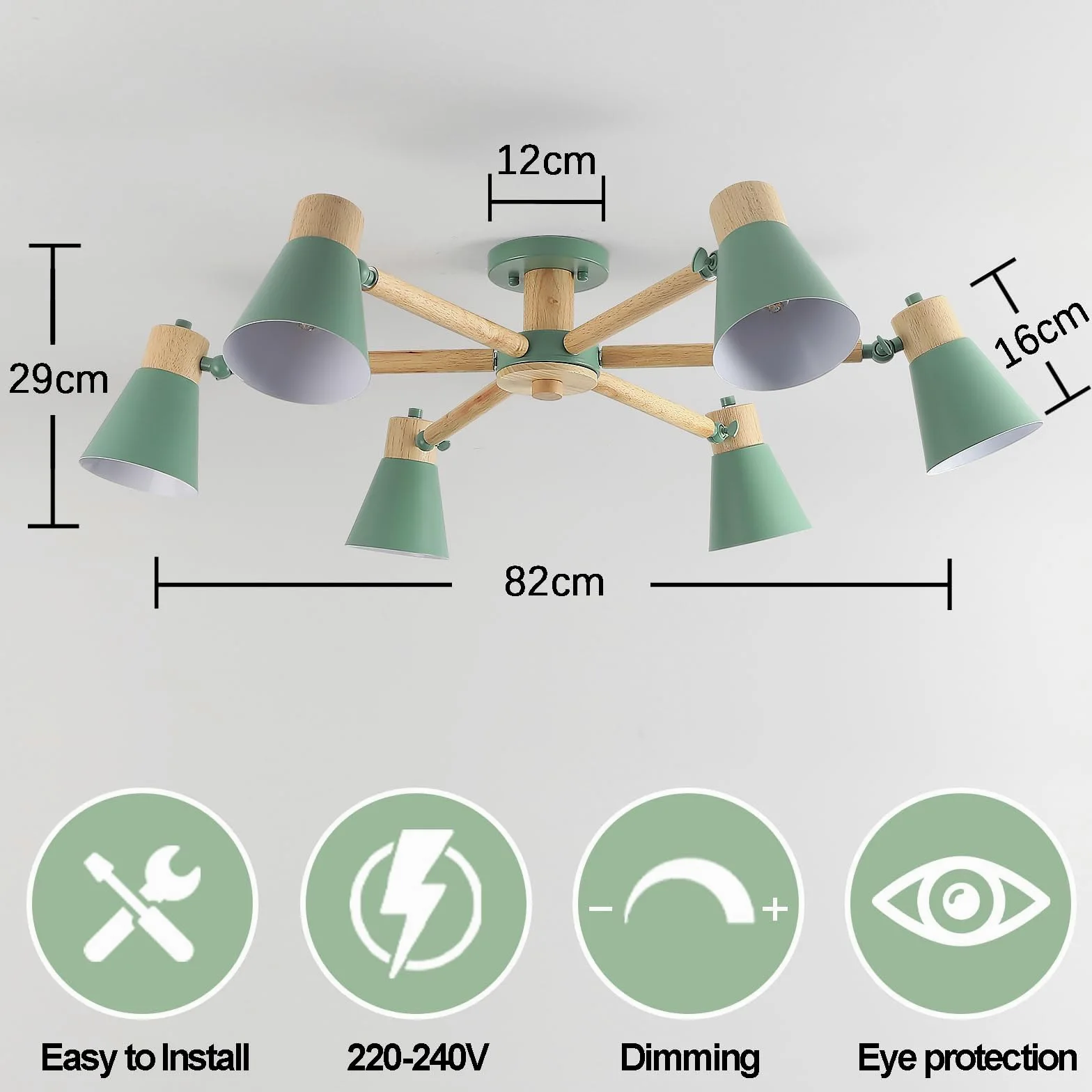 Verde Lampadario Camera Da Letto 6 Luci,Legno E Ferro Lampadario Soggiorno A Bracci Luminosi Regolabili lampadari E27 Ø82Cm Moderno Lampadario Cucina Per Letto Casa Camera Salotto