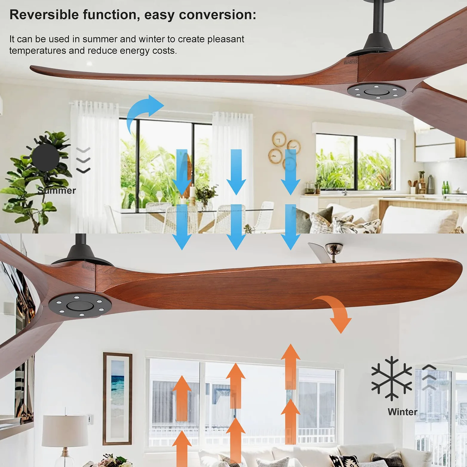 reiga 178 cm grande ventilatore da soffitto in legno intelligente senza luce, 3 pale per interni ed esterni, alta velocità d'aria, motore silenzioso, telecomando per soggiorno, veranda e portico