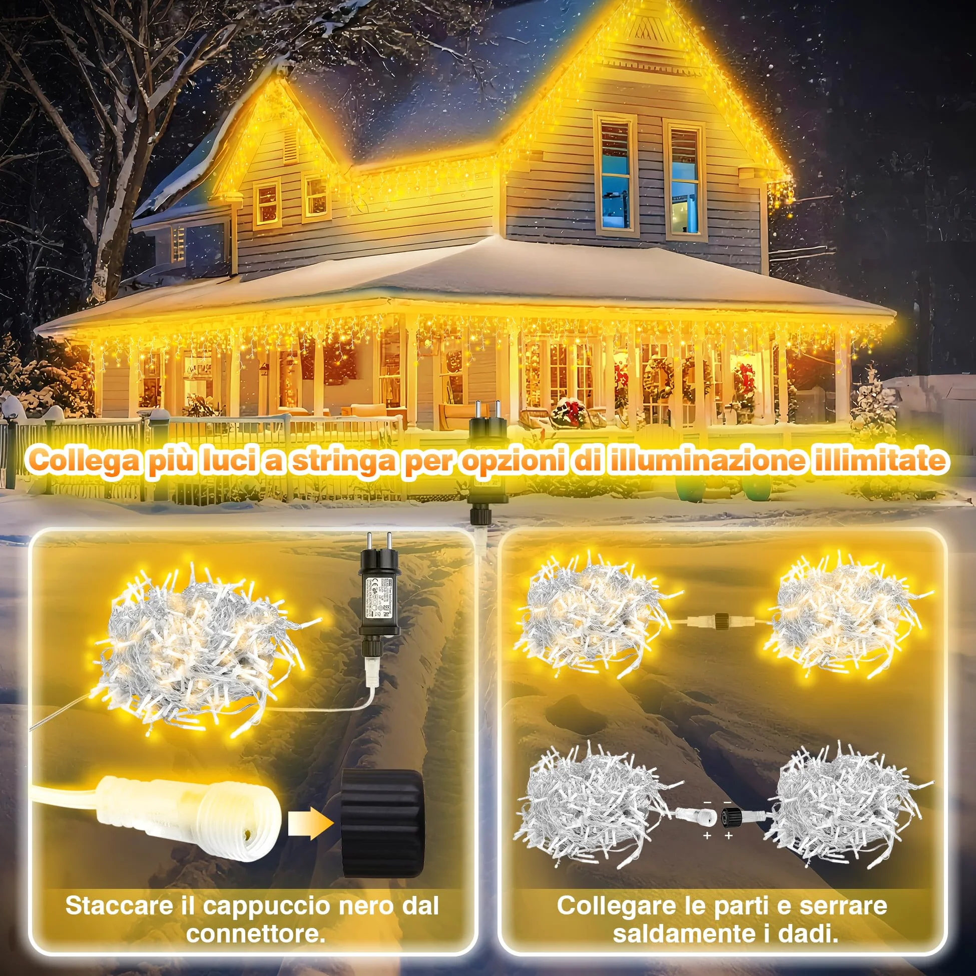 Xahpower Luci di Natale da Esterno Cascata, 624 LED 18M Luci di Natale da Esterno con Telecomando, 8 Modalità, Tenda Luminosa per Balcone, Natale, Matrimoni, Feste - Bianco Caldo