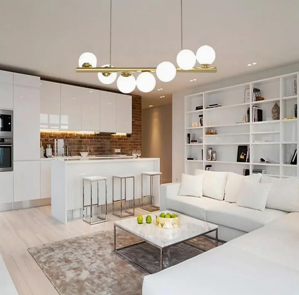 Lampadario Moderno a Sospensione 7 Luci G9, Design Bianco e Ottone, Altezza Regolabile, per Soggiorno Cucina Sala da Pranzo Camera da Letto – Senza Lampadine A06