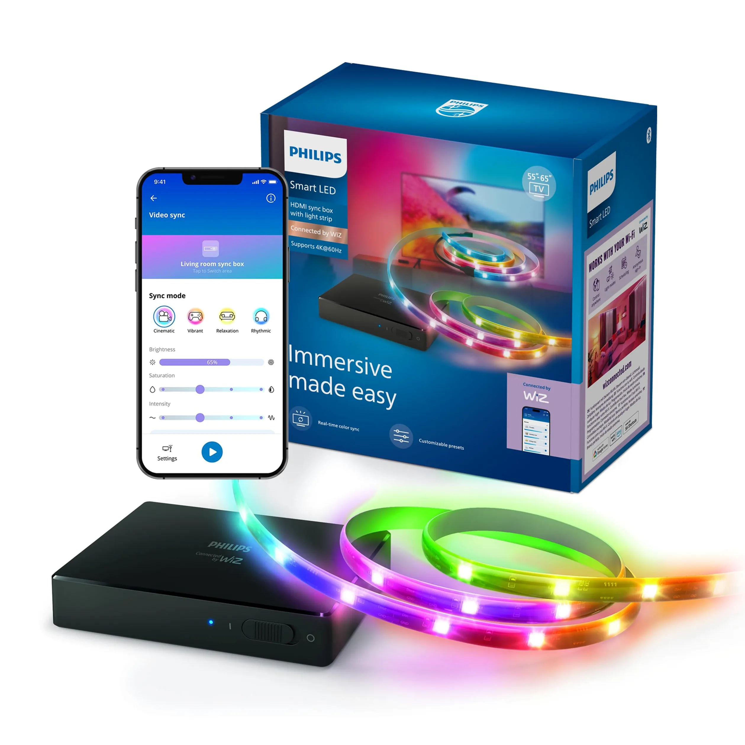 Philips Smart Lighting HDMI Sync Box, Striscia LED RGBIC per TV 55-65" | Luce dietro TV, Dimmerabile, Sincronizzazione con film e musica, HDMI 2.0 4K a 60 Hz, Smart Home, Compatibile con WiZ