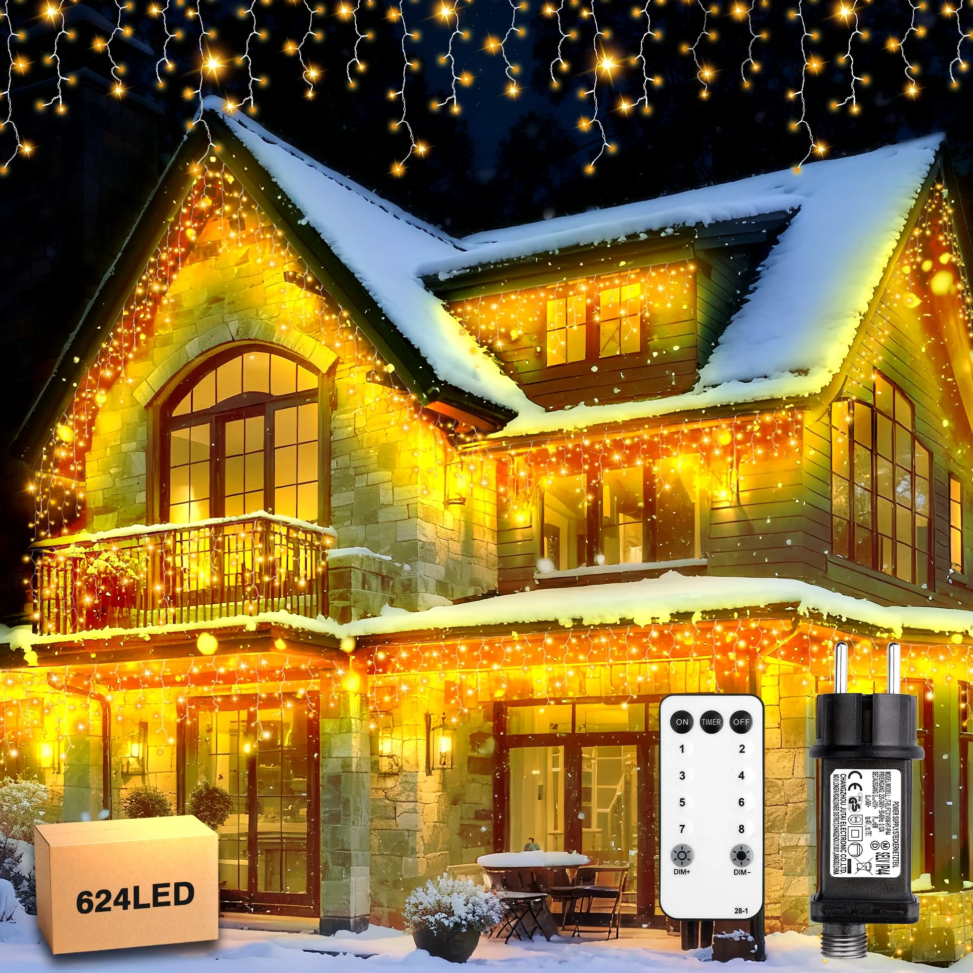 Xahpower Luci di Natale da Esterno Cascata, 624 LED 18M Luci di Natale da Esterno con Telecomando, 8 Modalità, Tenda Luminosa per Balcone, Natale, Matrimoni, Feste - Bianco Caldo