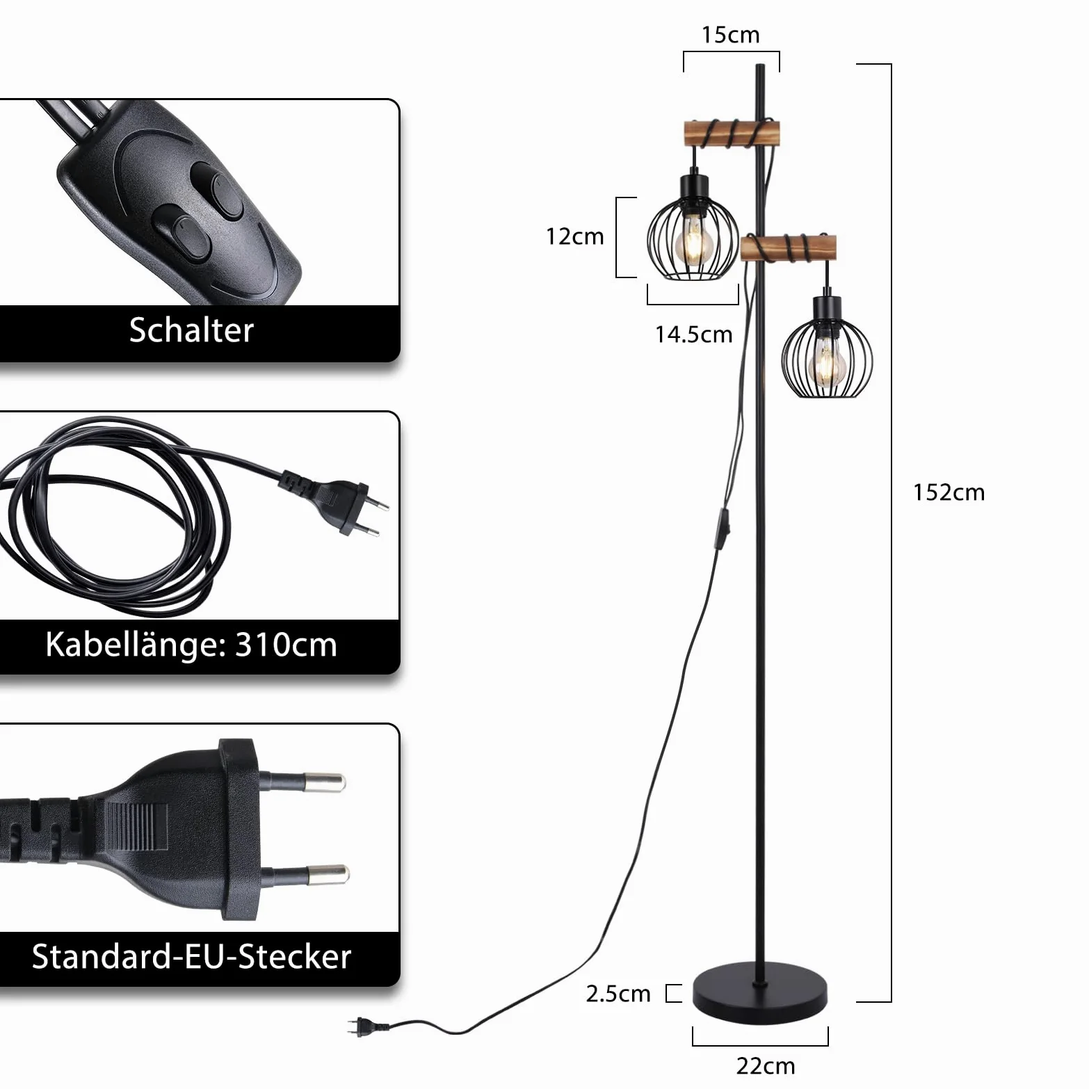 ZMH Lampada da terra nera, lampada da terra per soggiorno in legno - lampada da terra vintage a 2 fiamme in design industriale in metallo con interruttore, attacco E27 152 cm (senza lampadina)