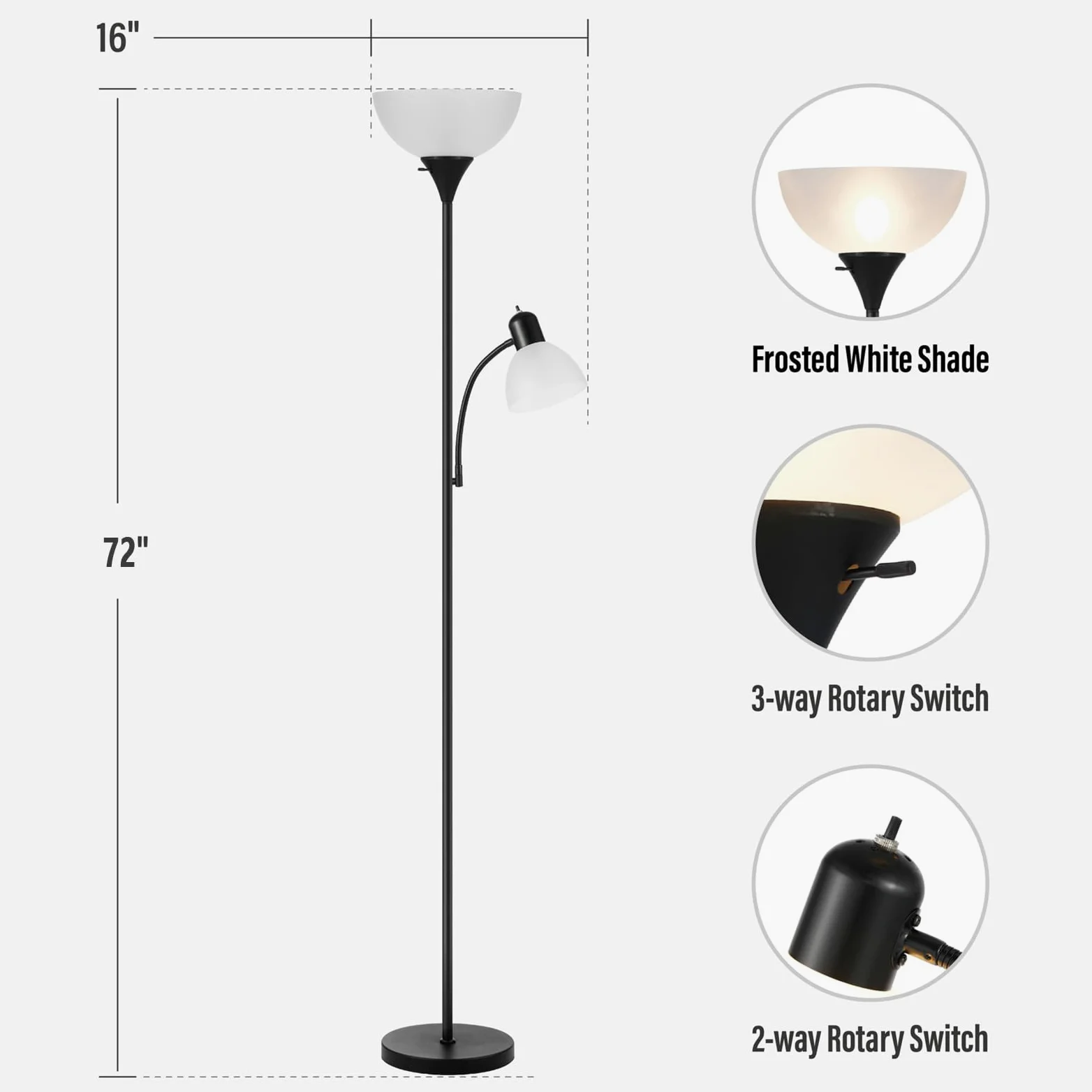 HonoDing Lampada da terra nera regolabile con luce di lettura Lampada da terra moderna per soggiorno/ufficio alta 72" - 10 watt con luce di lettura laterale Lampada ad angolo (nero)