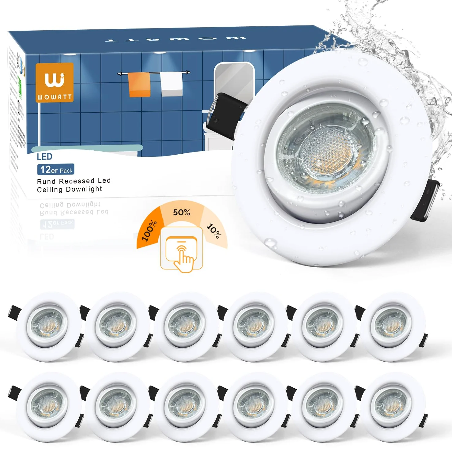 wowatt Faretti LED da Incasso per Cartongesso Dimmerabili 5.5W, Set di 12 | 600LM Luce Calda 2800K Luci da Soffitto Interno Orientabili, IP44 Luci da Soffitto Interno Ultrasottili per Bagno, Foro 68mm