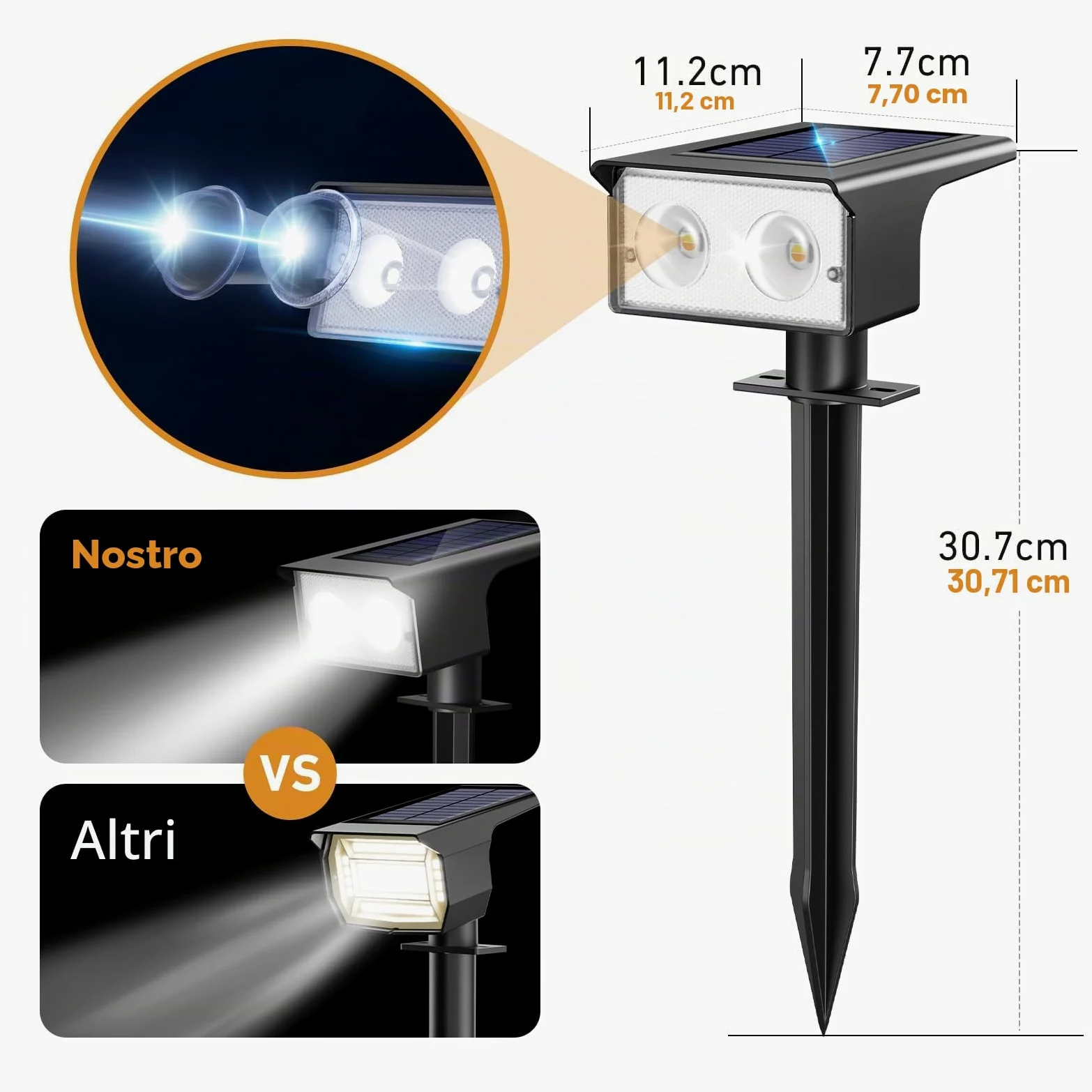 btfarm 6 Pezzi Faretti Solari a LED da Esterno, 3000K/4500K/6000K Luci Solari da Giardino IP65 Impermeabile, 2 Livelli di Luminosità Lampade Luce Solare Potenti per Cortile Vialetto Garage Prato