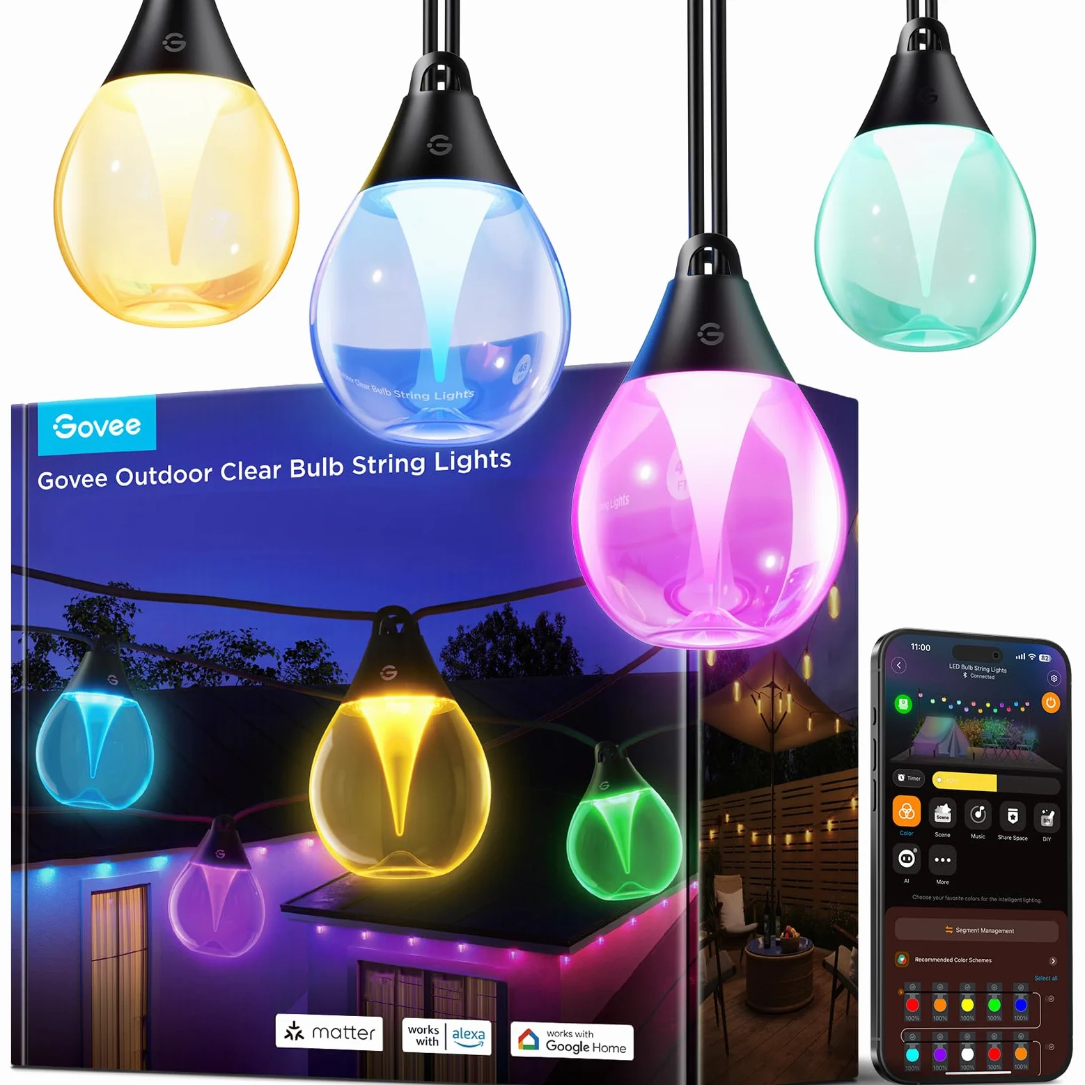 Govee Luci per Esterni, Luci a Catena LED RGBWIC Dimmerabili da 15 m | 16M di Colori e 111 Modalità di Scena, 80 lm per LED, Durata di 25.000 ore, Funziona con Alexa, Google Assistant, Matter