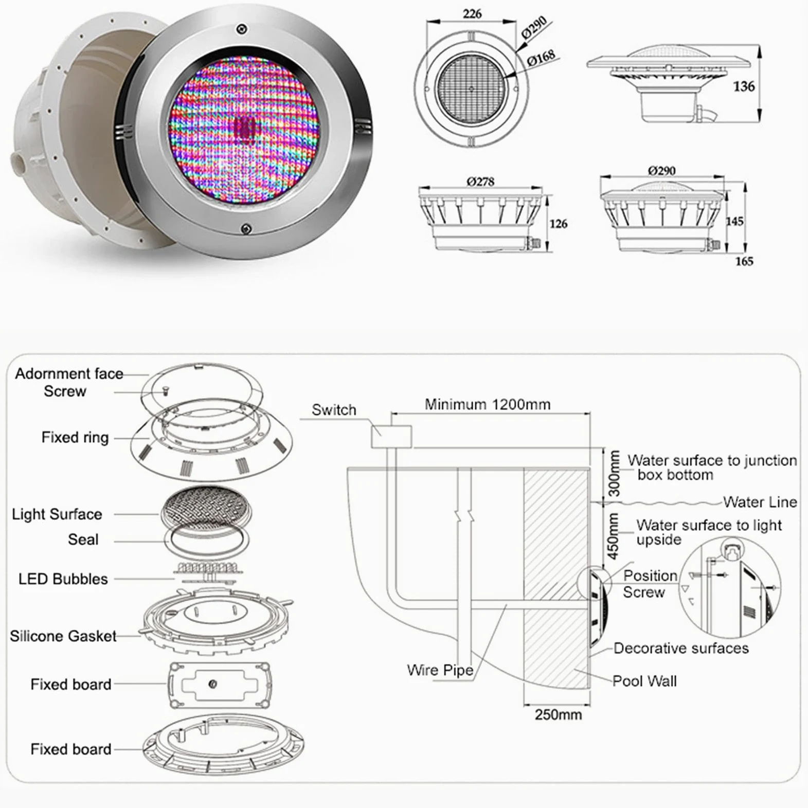 Par 56 RGBW Luce for Piscina con Controllo, AC 12V IP68 Materiale in Acciaio Inossidabile Luce Subacquea (25w)