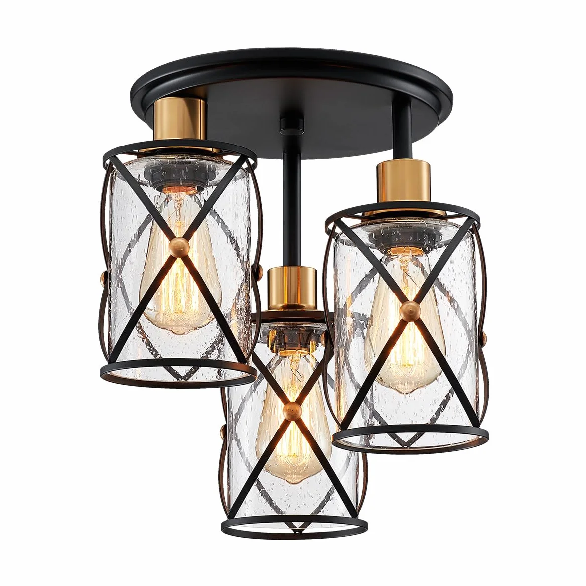 WUZUPS lampadario semi flushmount industriale a 3 luci plafoniera trasparente paralume in vetro seminato per ingresso portico foyer cucina sala da pranzo bagno, w29 h34, e27 base nera con ottone