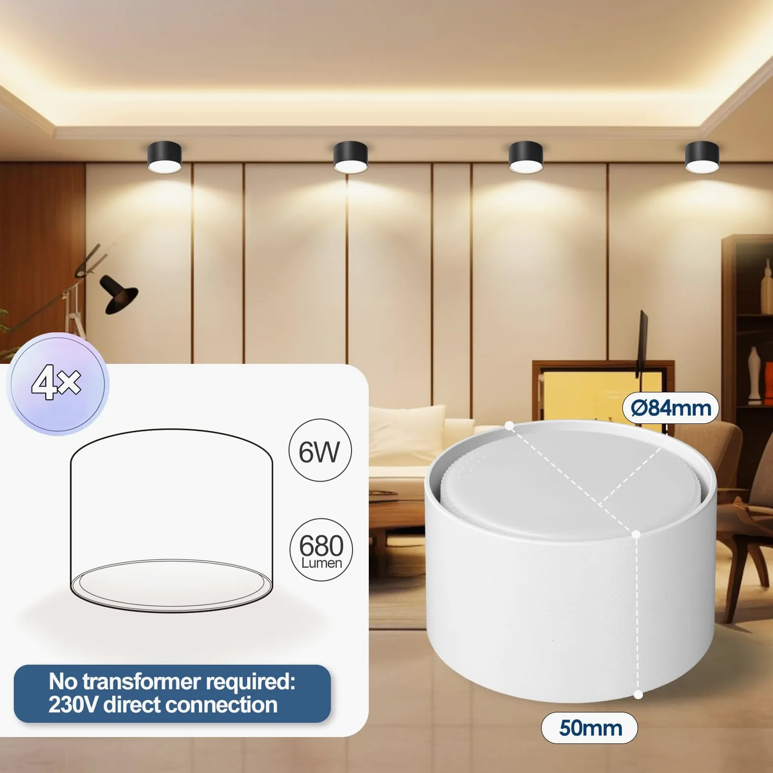GeyouLux 4x Faretti LED Soffitto - Ø84x50mm - 6W 680LM Faretto LED Interno - 4000K LED GX53 230V Incluso - Angolo del fascio di 180° - Alluminio Lampada da Soffitto (Bianco)