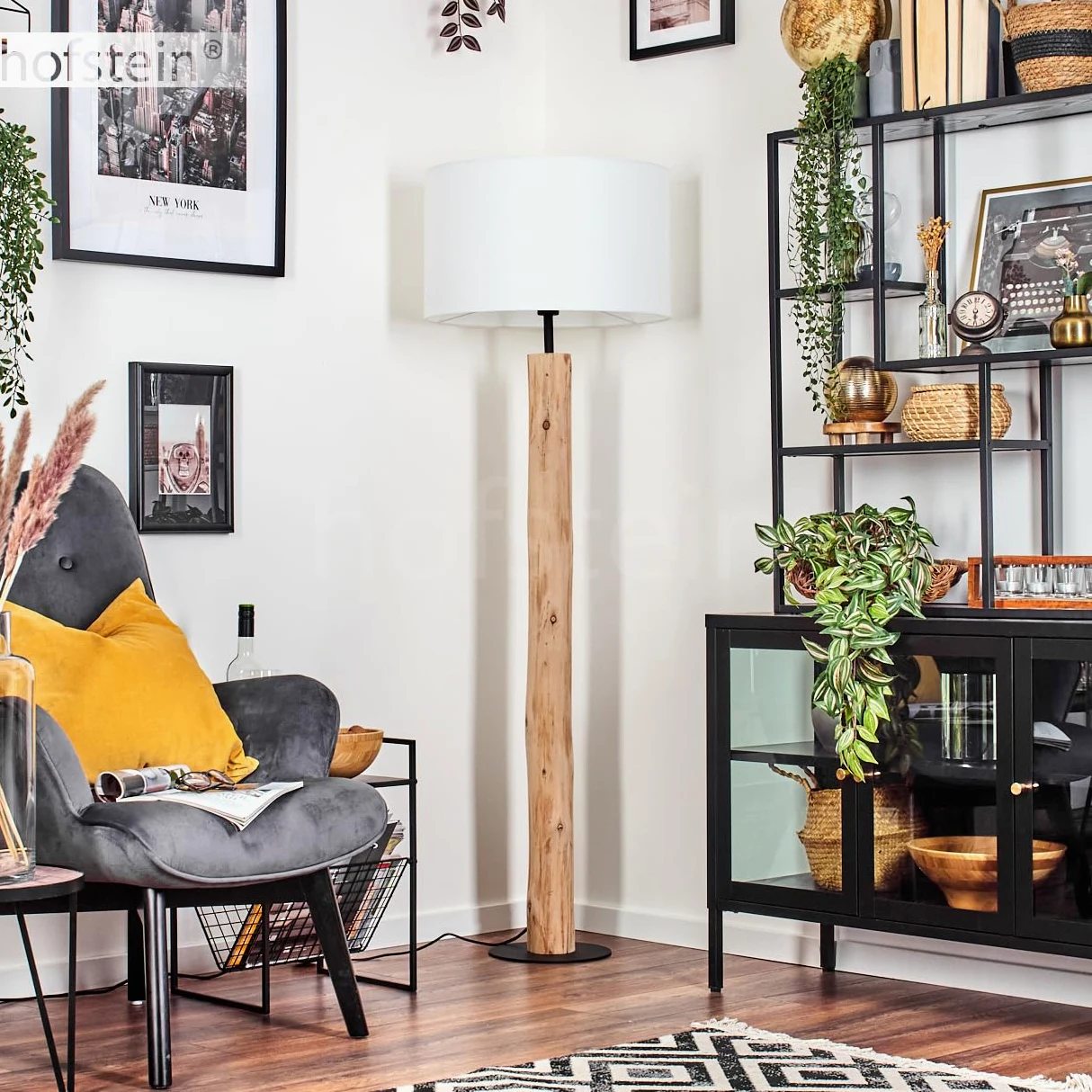 Lampada da terra Flemming, lampada da terra in legno/metallo/tessuto colori naturale/nero/bianco, design scandinavo con paralume rotondo (Ø 50 cm) e interruttore a pedale, E27, senza lampadina