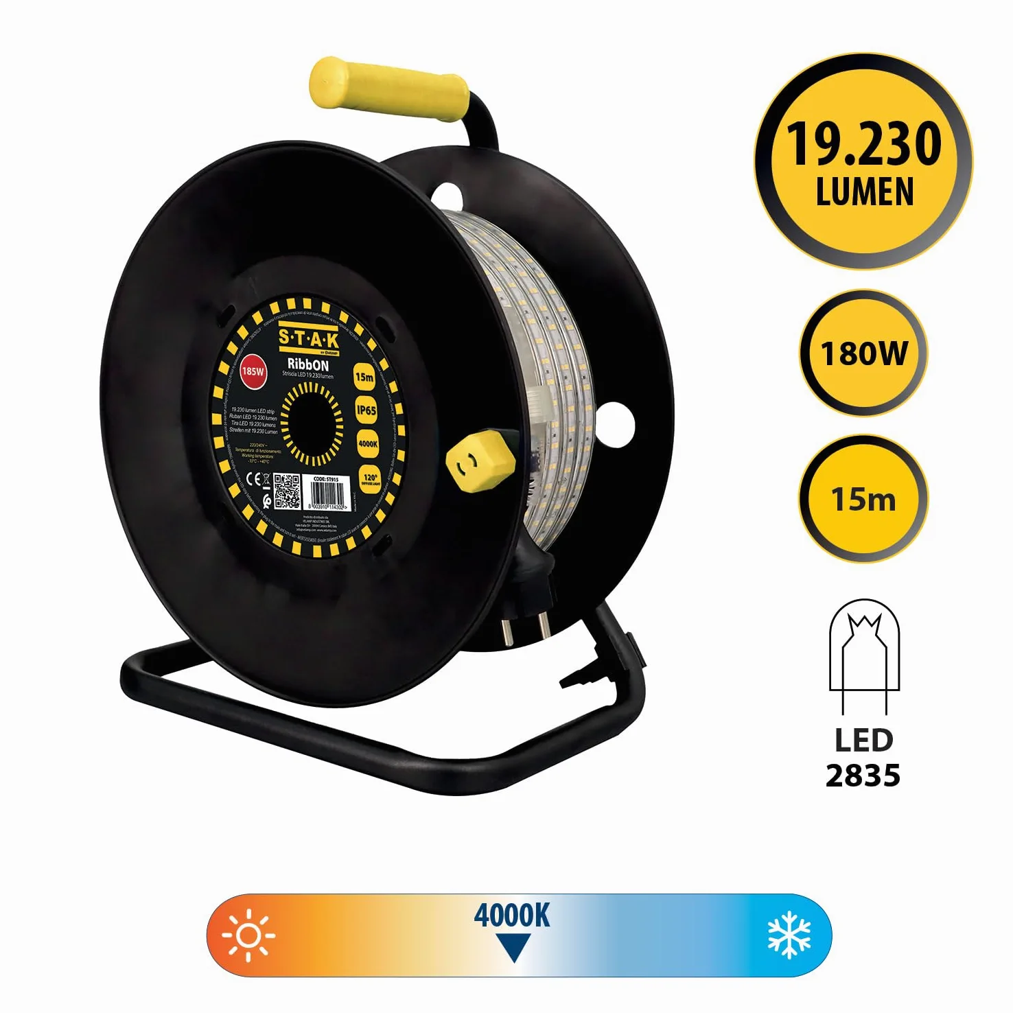 STAK RibbON Striscia LED 15 Metri con Avvolgitore – 19.230 Lumen, 4000K Luce Naturale, IP65, Flessibile e Impermeabile per Uso Professionale in Cantiere e Esterni