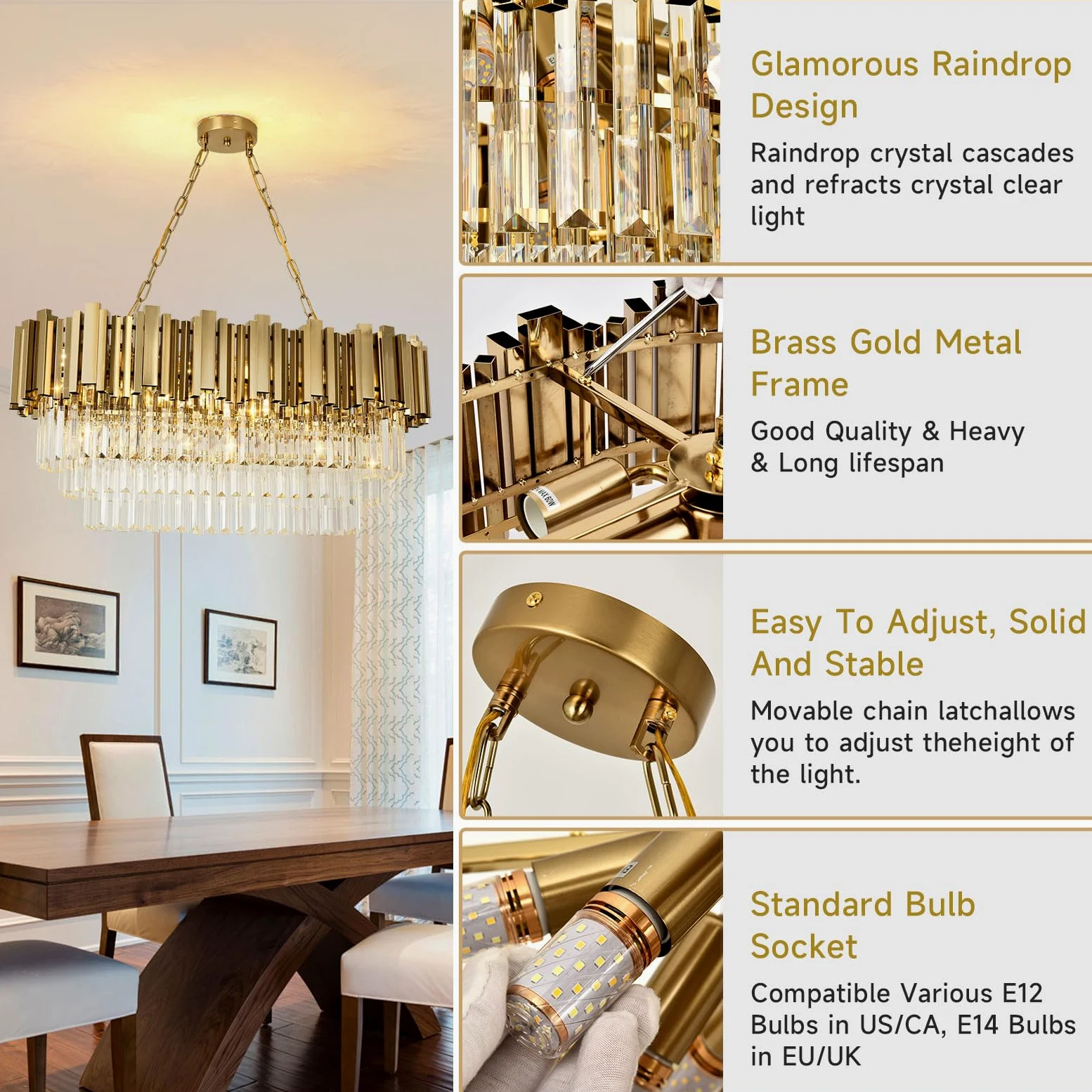 Lampadario moderno in cristallo oro, illuminazione a sospensione ovale in cristallo per soggiorno, sala da pranzo, camera da letto, ristorante, E14 x 8, 80 x 35cm