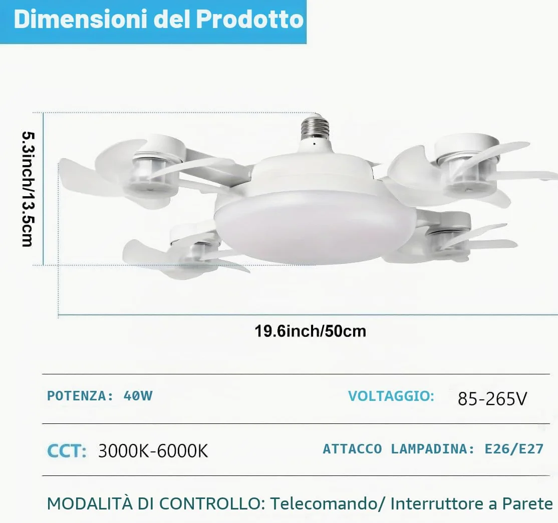 Ventilatore de Soffitto con Luce, Dimmerabile Regolabile Ceiling Fan Lampadina con ventilatore Plafoniera con Ventilatore Silenzioso Telecomando per Camera da Letto Interno Camera da Letto Ufficio