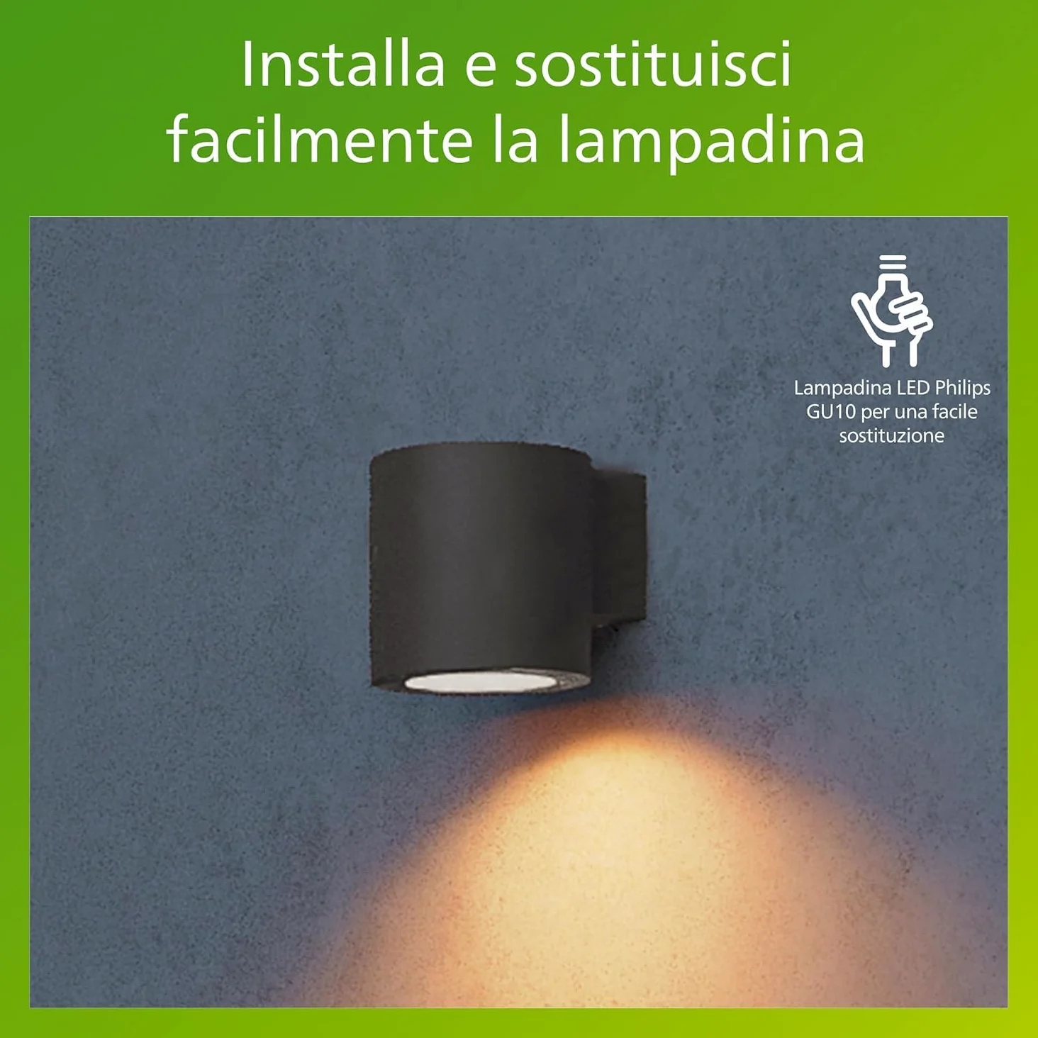 Philips Fylx Applique da Esterni + Lampadina LED GU10, Luce Bianca Calda, Resistente a Intemperie IP44, Durevole, Alluminio, Design Moderno, Nero