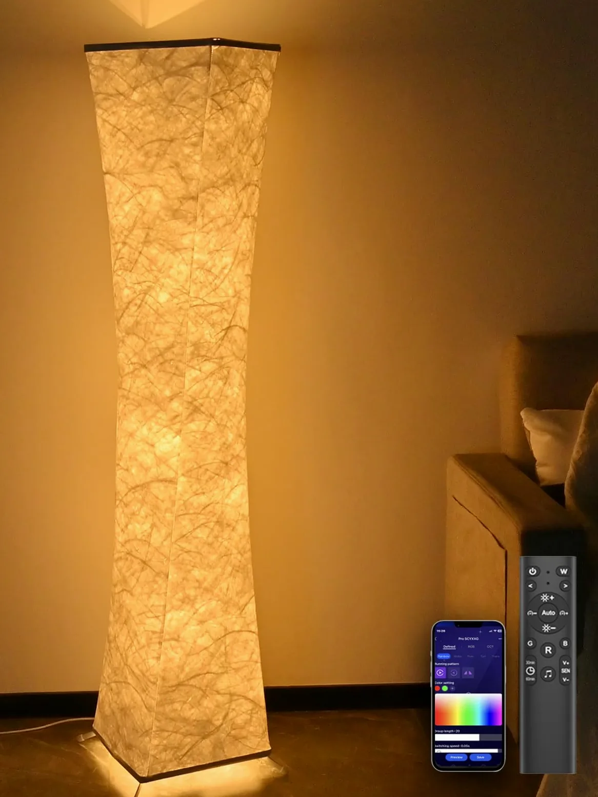 Lampada da Terra LED da Soggiorno Dimmerabile, Piantana Intelligente RGB Moderna, Lampada da Terra con Telecomando, Tessuto, Lampada da Terra Bianca per la Camera da letto, Sala Giochi, 156cm
