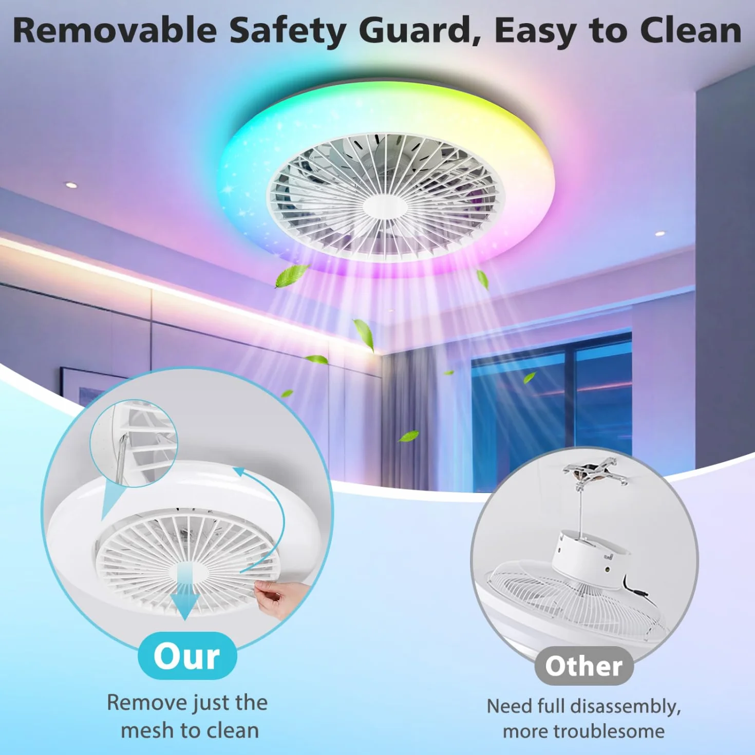 Aigostar Ventilatore da Soffitto con Luce e Telecomando, Plafoniera LED 40W RGB+CCT Dimmerabile, Motore Silenzioso, 7 Pale, Timer, 19" Bianco