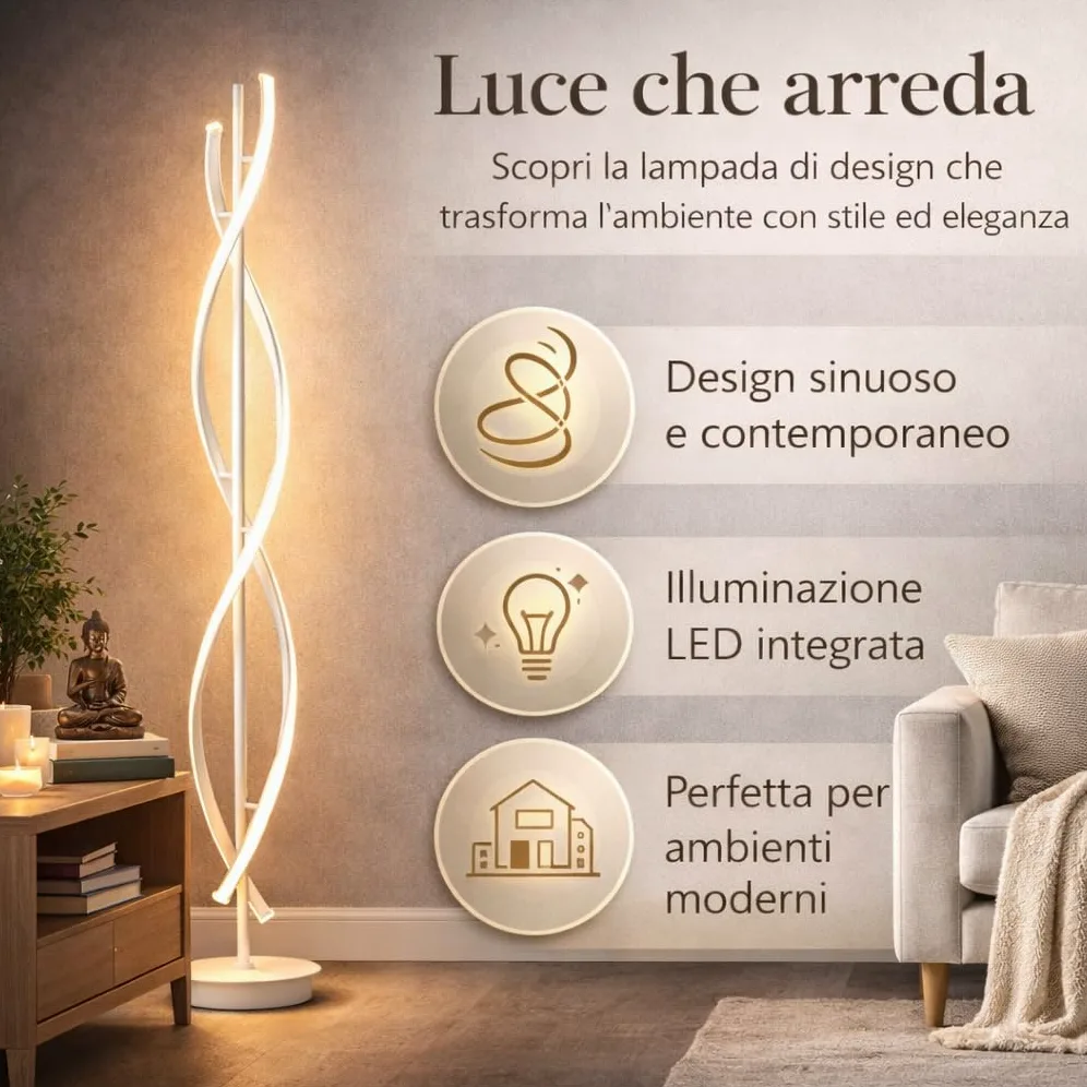 Arcadia Lampada da Terra LED Moderna Forma di Spirale | Piantana Design Contemporaneo | Luce Calda/Fredda | Lampada Salotto Camera da Letto Studio, Arredo Interni Elegante 150 cm (Bianco)