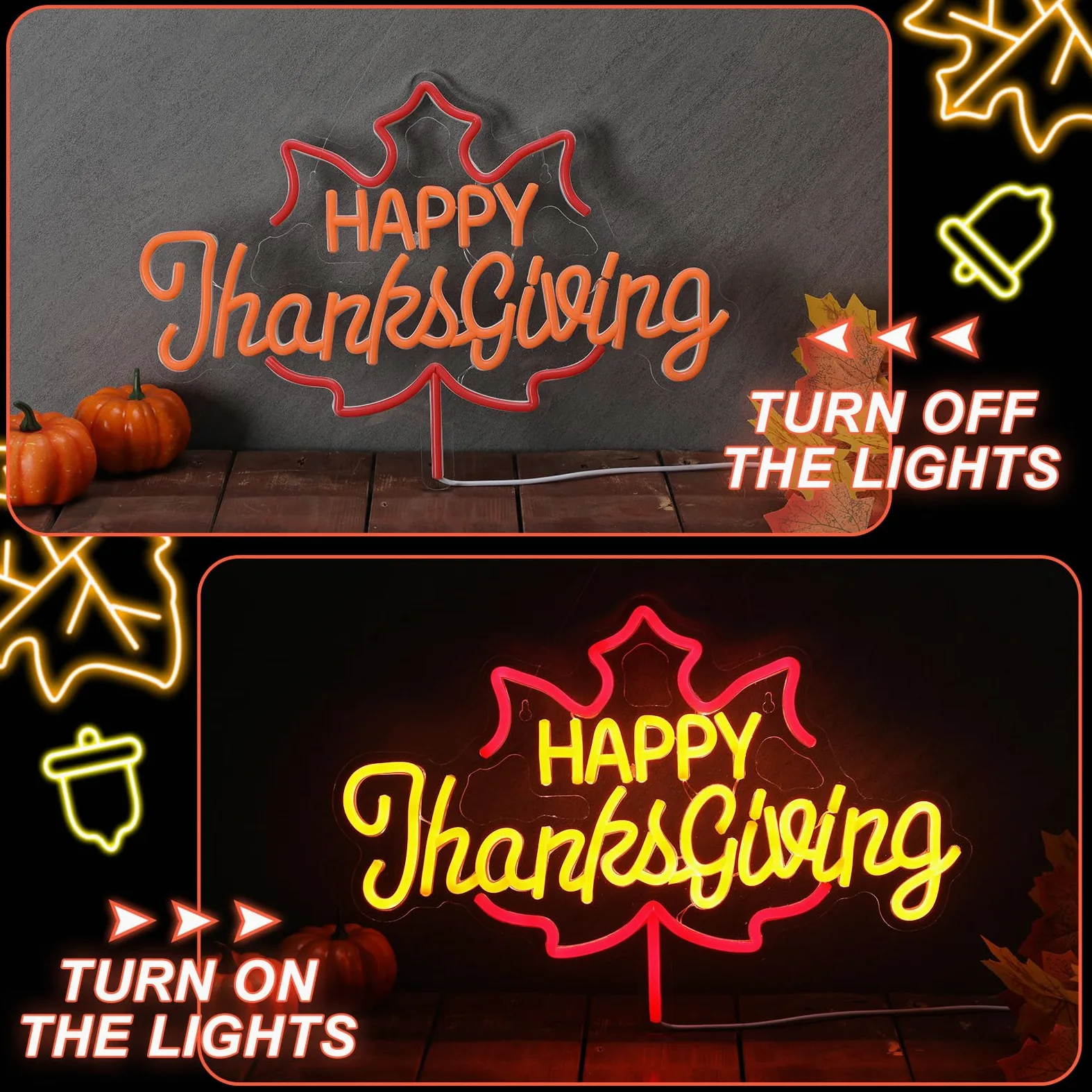Huquary Targa al neon per il Ringraziamento, 42 x 30 cm, illuminata, decorazione artistica da parete, luce al neon alimentata tramite USB, per festa del Ringraziamento, matrimonio, compleanno,