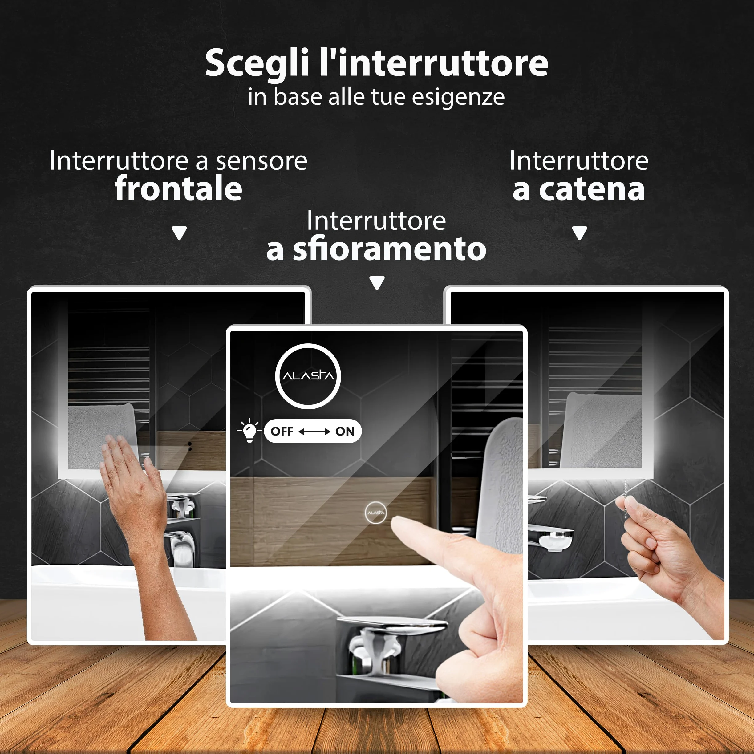 Boston Specchio Bagno LED 100x90cm Antiappannamento, Retroilluminato, Personalizzabile, Rettangolare, Selezione Colore Luce