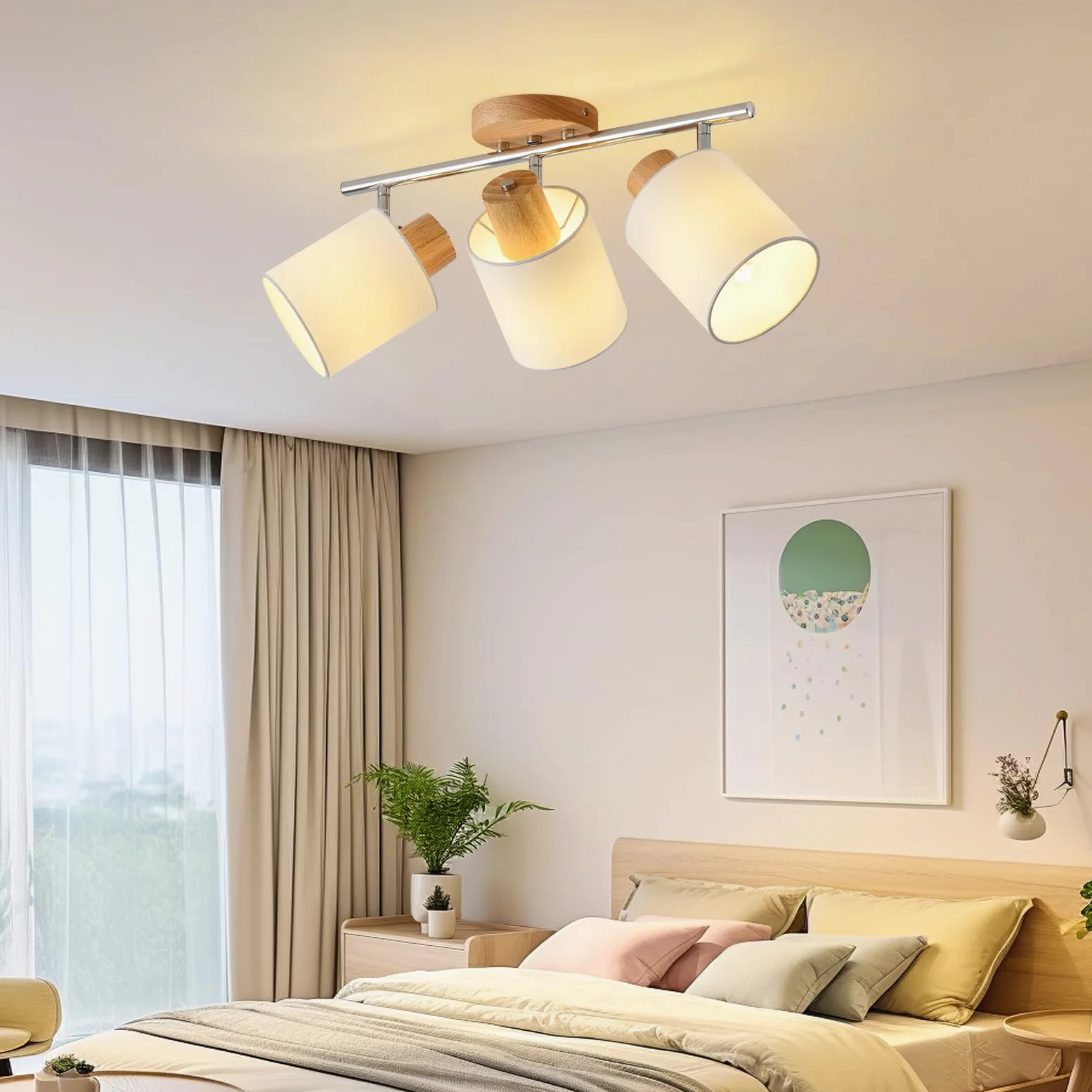 SANSHI faretti led soffitto in 3 punt，lampadario legno regolabile, Base E14 230V moderna Luce a parete,faretti soffitto per interni soggiorno, camera da letto, sala da pranzo (senza lampadine)